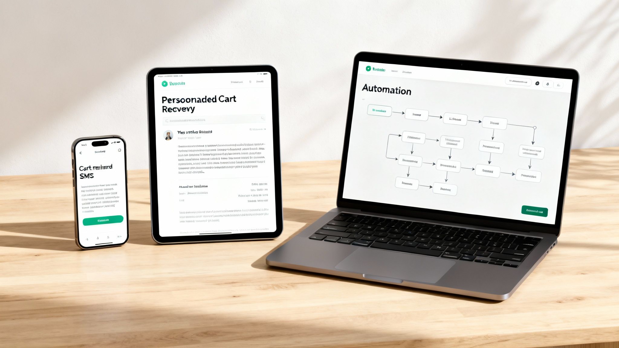 An automated workflow diagram showing email, SMS, and push notifications being sent to recover an abandoned cart.