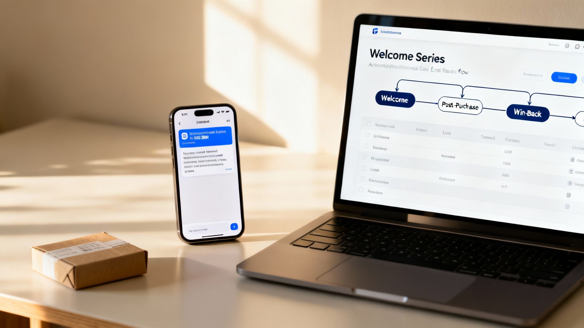 A modern workspace with a laptop displaying a marketing workflow, a smartphone, and a small package.