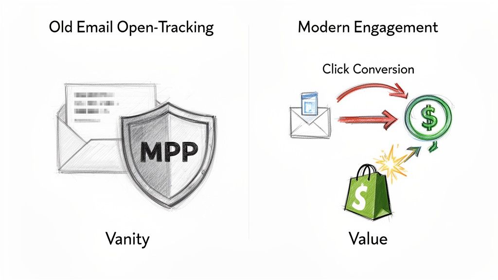 Diagram contrasting old email open tracking (vanity, MPP blocked) with modern email engagement (clicks, conversion, value).