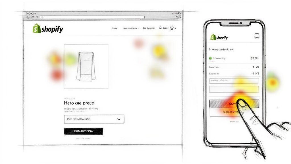 Heatmap analysis of a Shopify product page and mobile checkout, illustrating user interaction points.