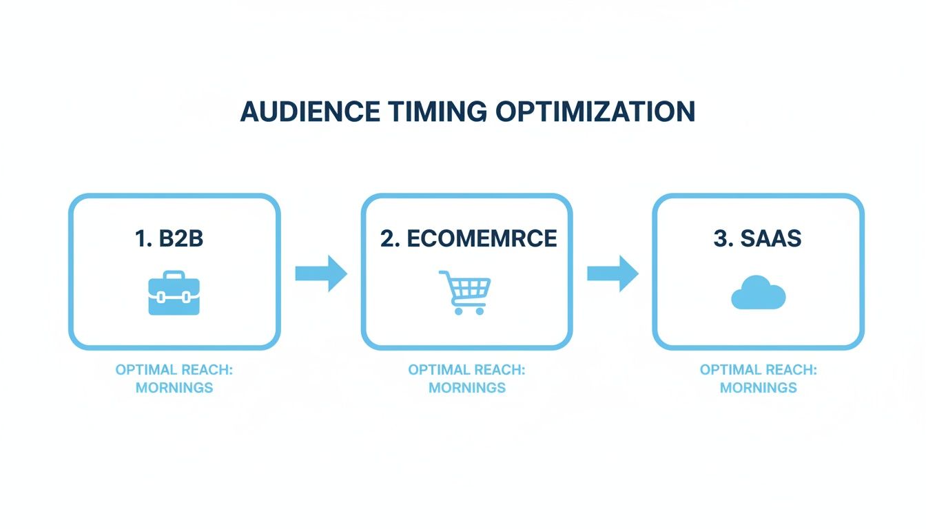 Diagram illustrating audience timing optimization, showing optimal morning reach for B2B, ecommerce, and SaaS.