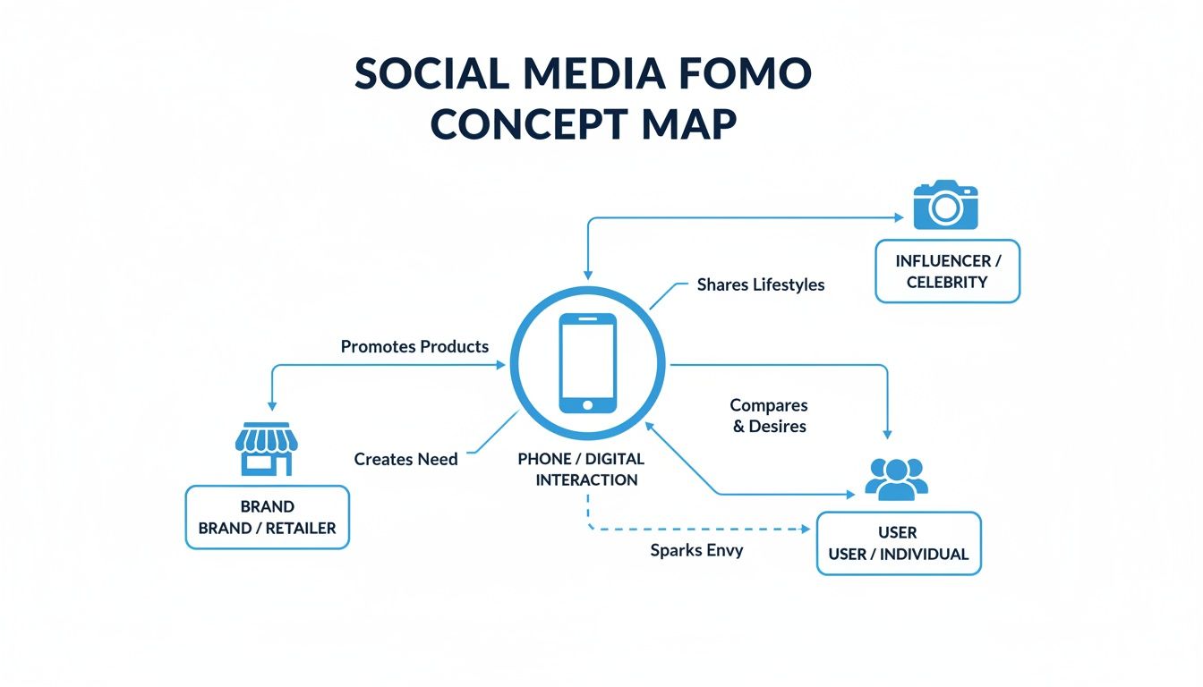 A concept map illustrates social media FOMO, showing interactions between users, brands, and influencers through a phone.