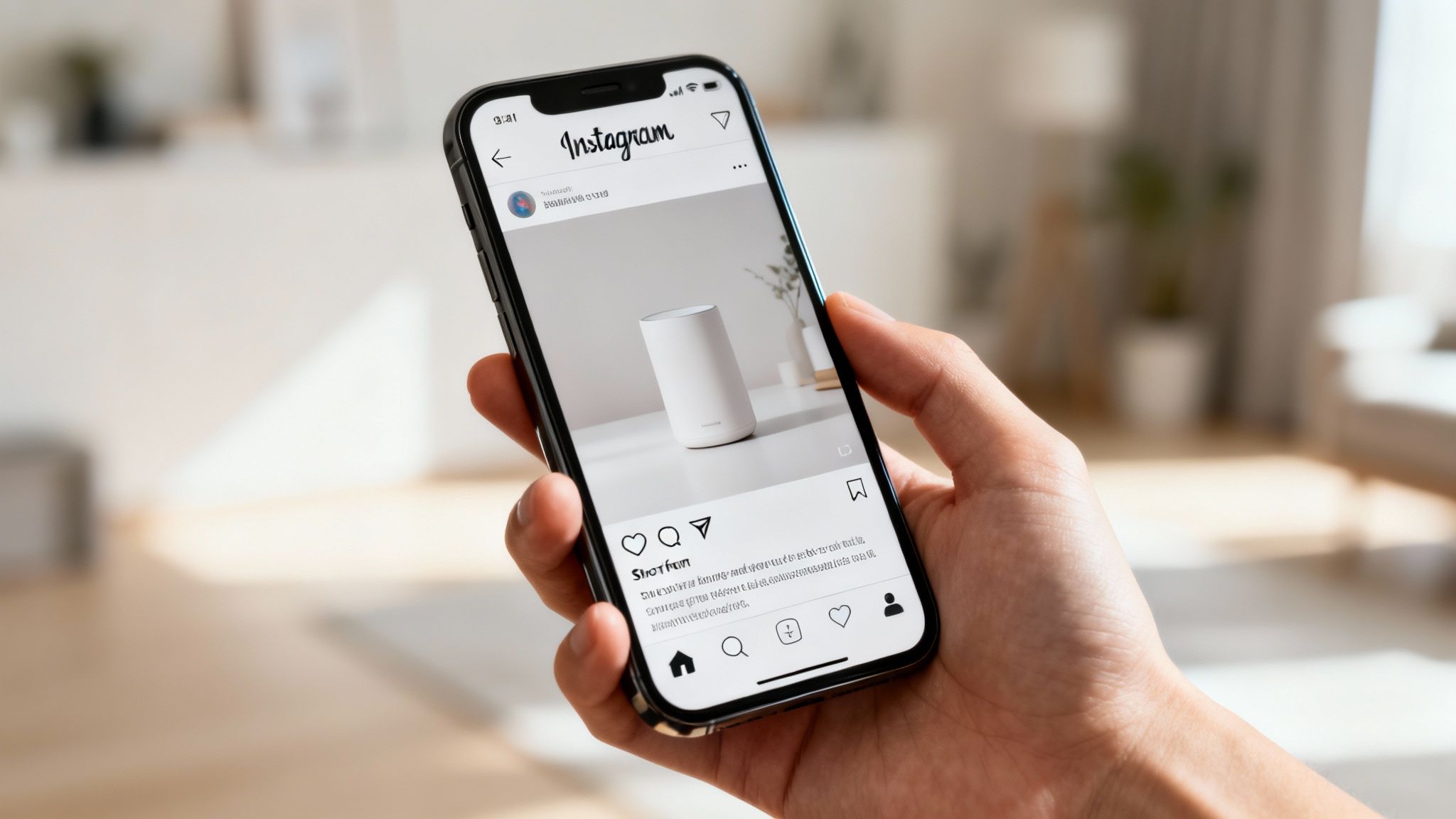 Person holding smartphone with Instagram showing a product photo, in a modern interior.