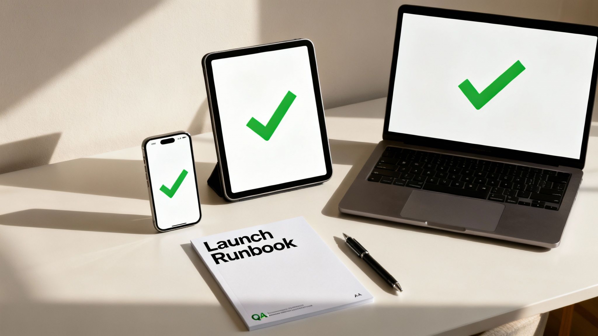 A phone, tablet, and laptop display green checkmarks, alongside a 'Launch Runbook' document.