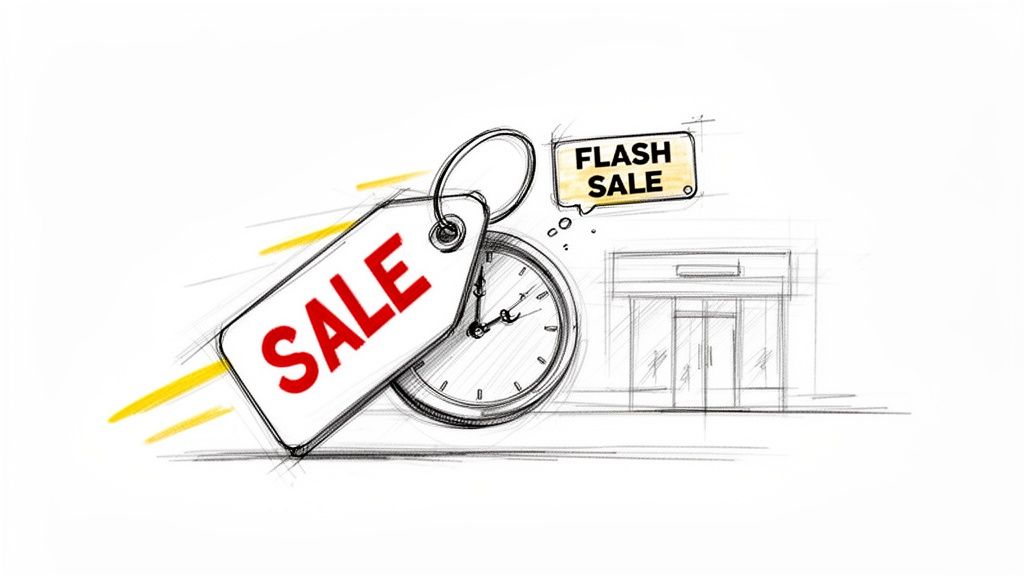 Sketch illustration of a 'SALE' tag, a clock, and a 'FLASH SALE' speech bubble near a storefront.