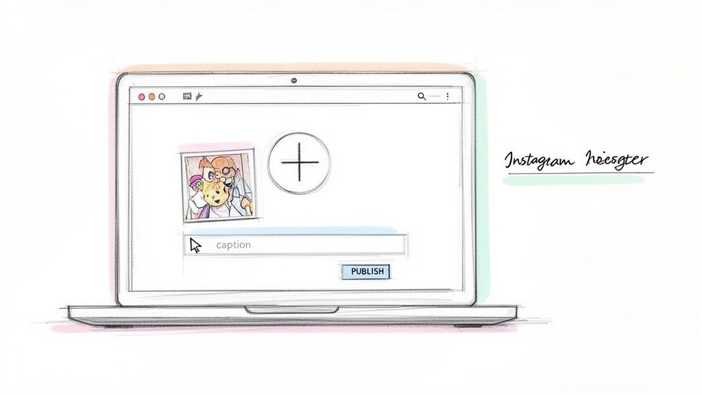 A sketch of a laptop screen displaying an Instagram post interface with an image, caption field, and publish button.