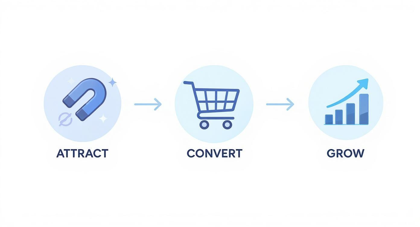 Diagram showing Attract, Convert, Grow business process with magnet, shopping cart, and chart icons.