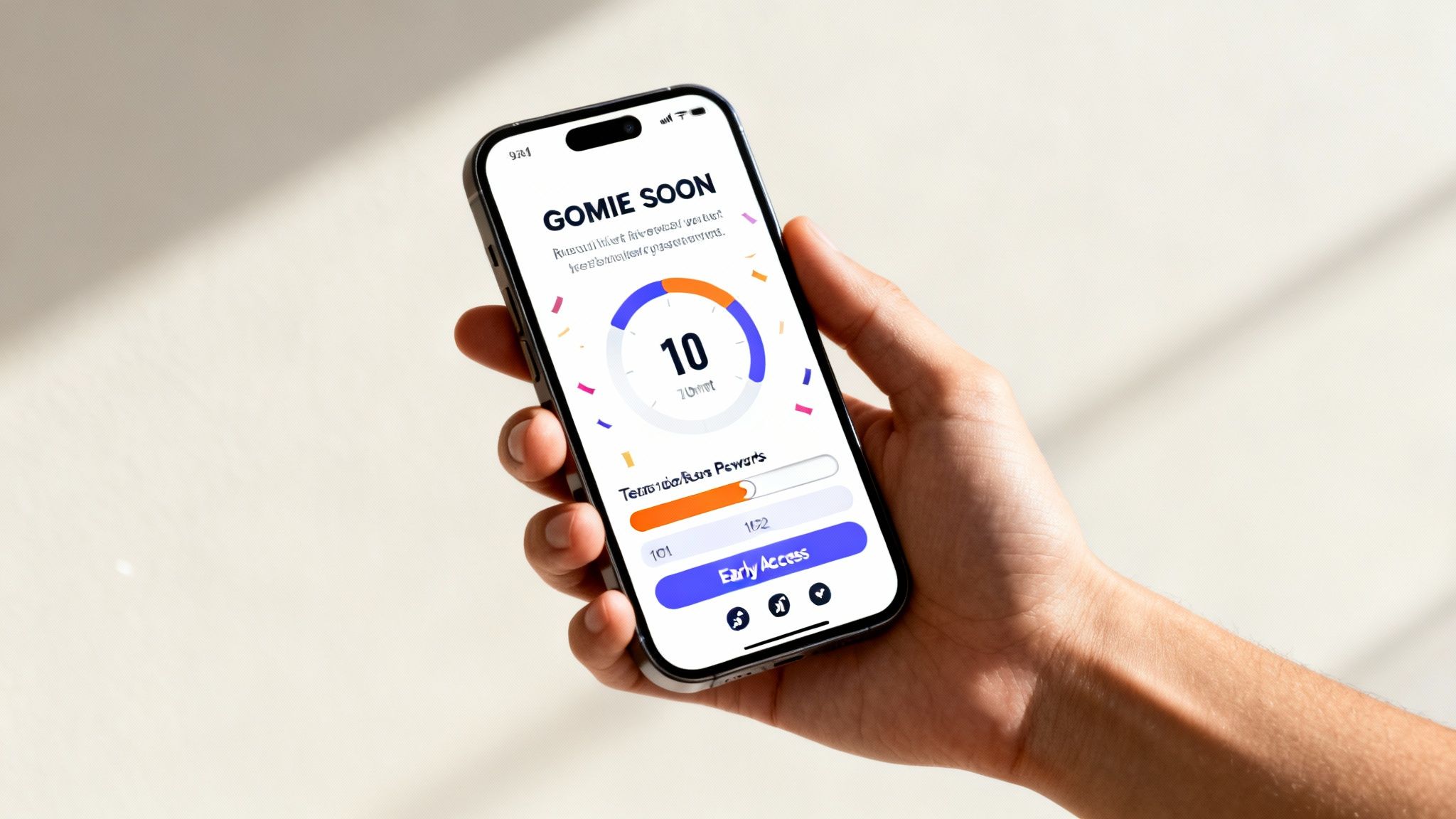 iPhone held by a hand showing a 'GOMIE SOON' app display with a progress ring and 'Early Access' call to action.