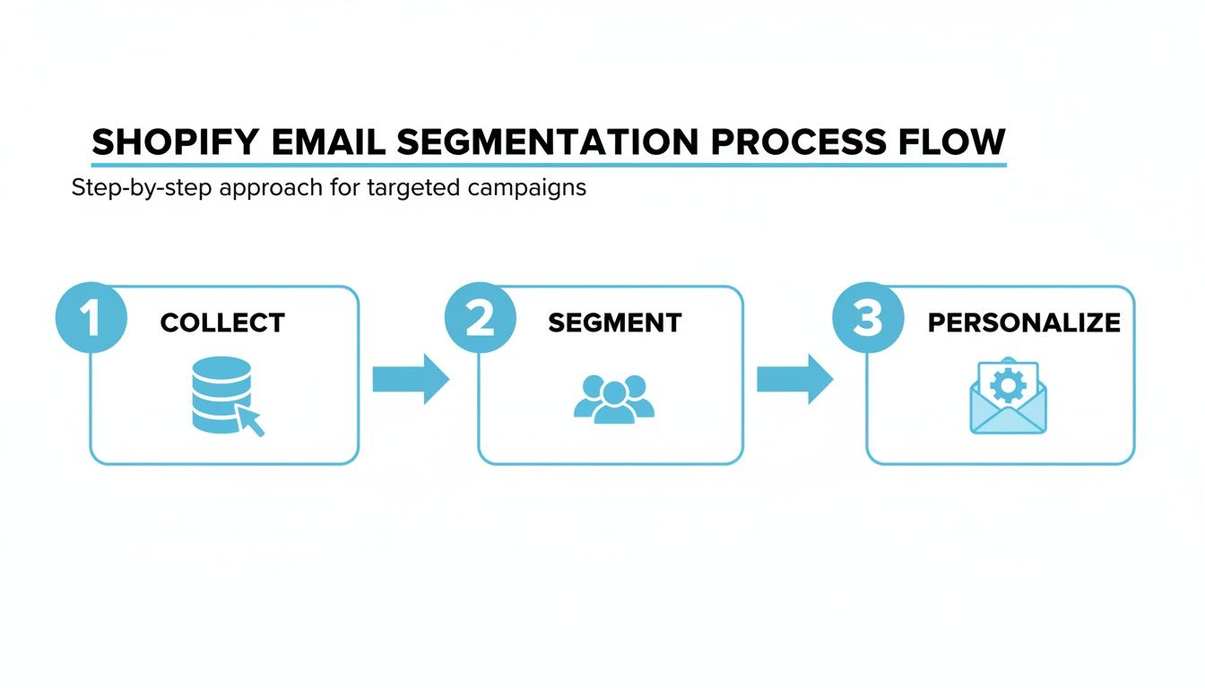 A three-step Shopify email segmentation process: collect data, segment audience, and personalize emails.