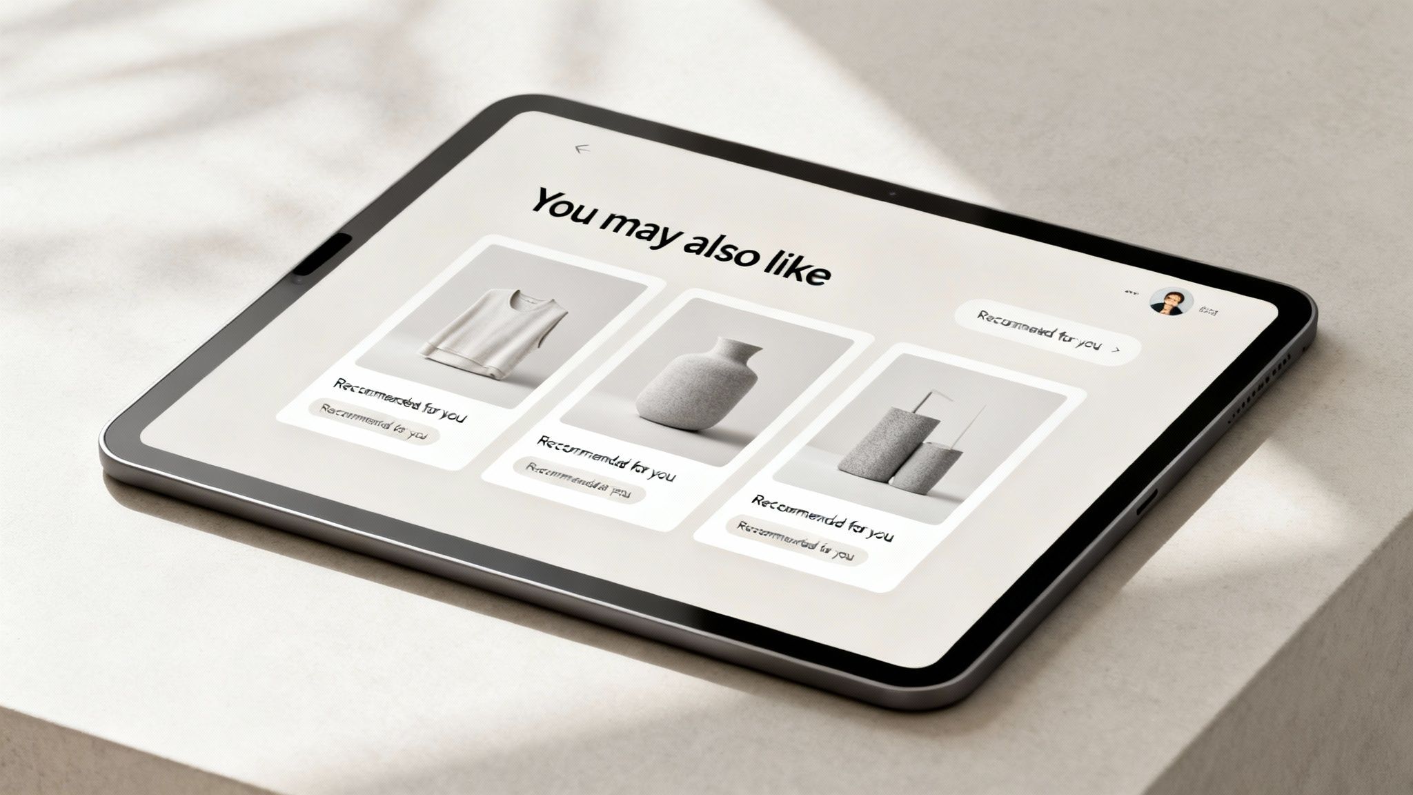 An iPad showing product recommendations for home decor and clothing on an e-commerce site.