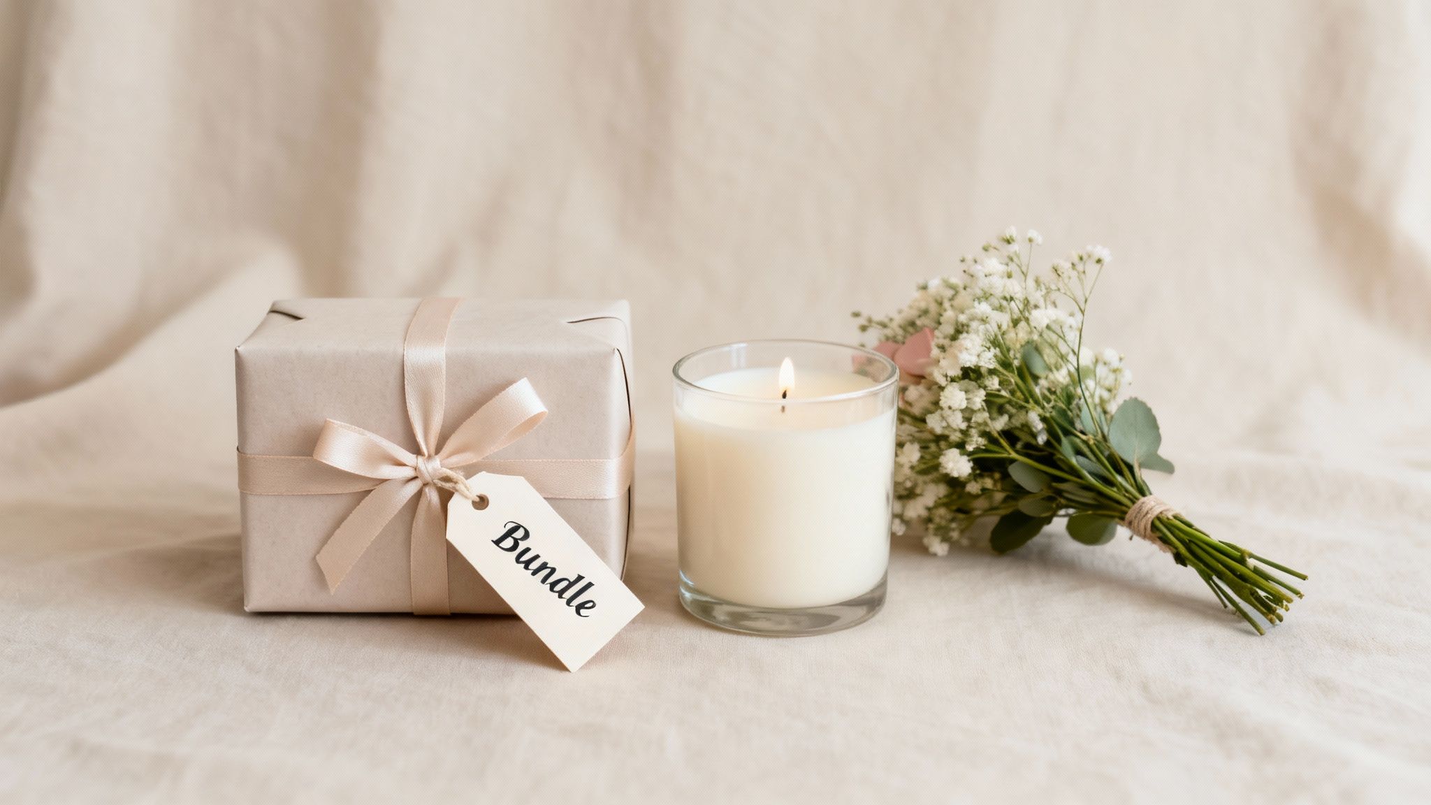 A beautifully wrapped gift box with a 'Bundle' tag, a lit candle, and a bouquet of baby's breath on a beige cloth.