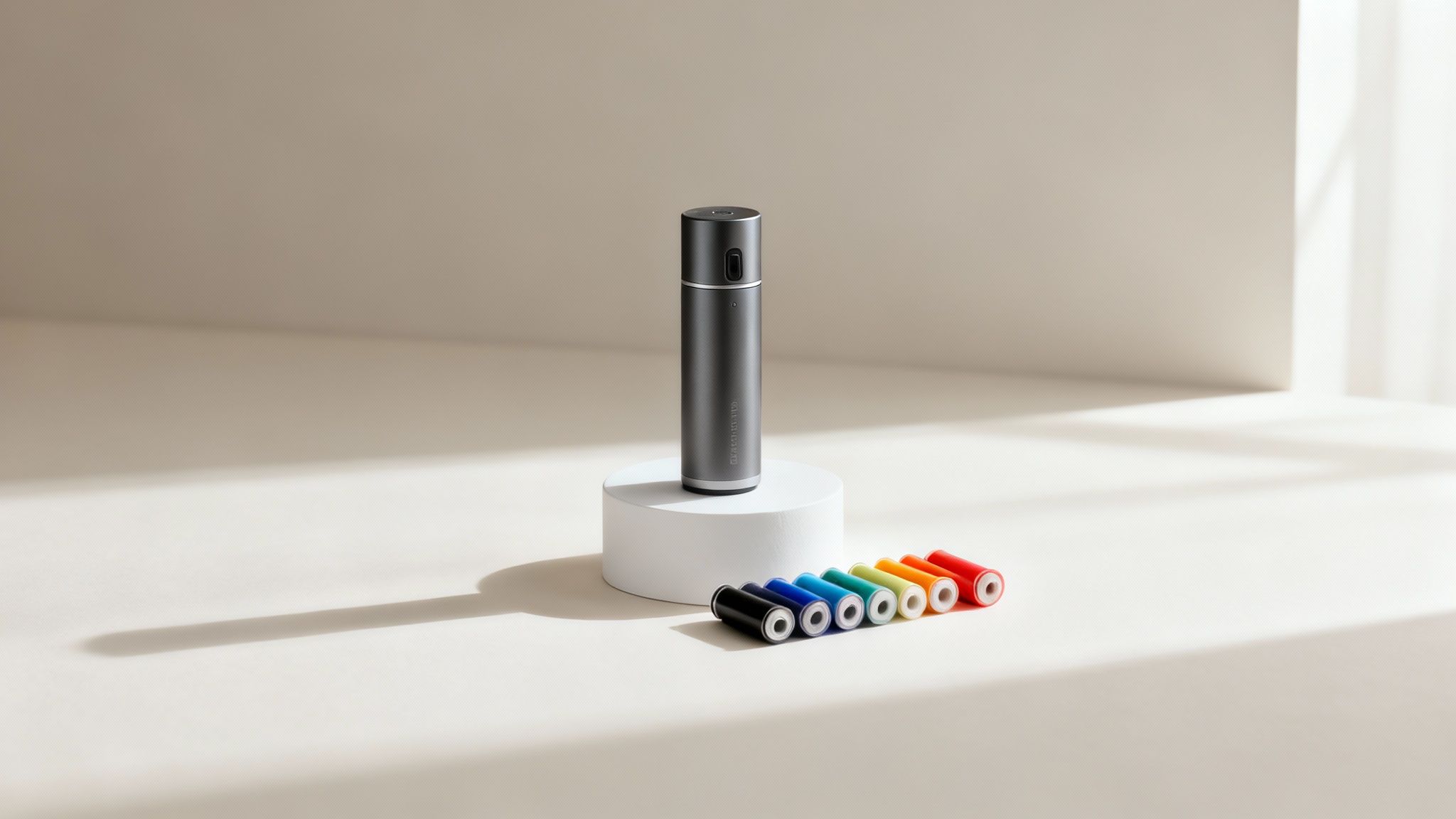 A modern grey cylindrical device on a white stand, with a row of colorful cylindrical batteries beside it.