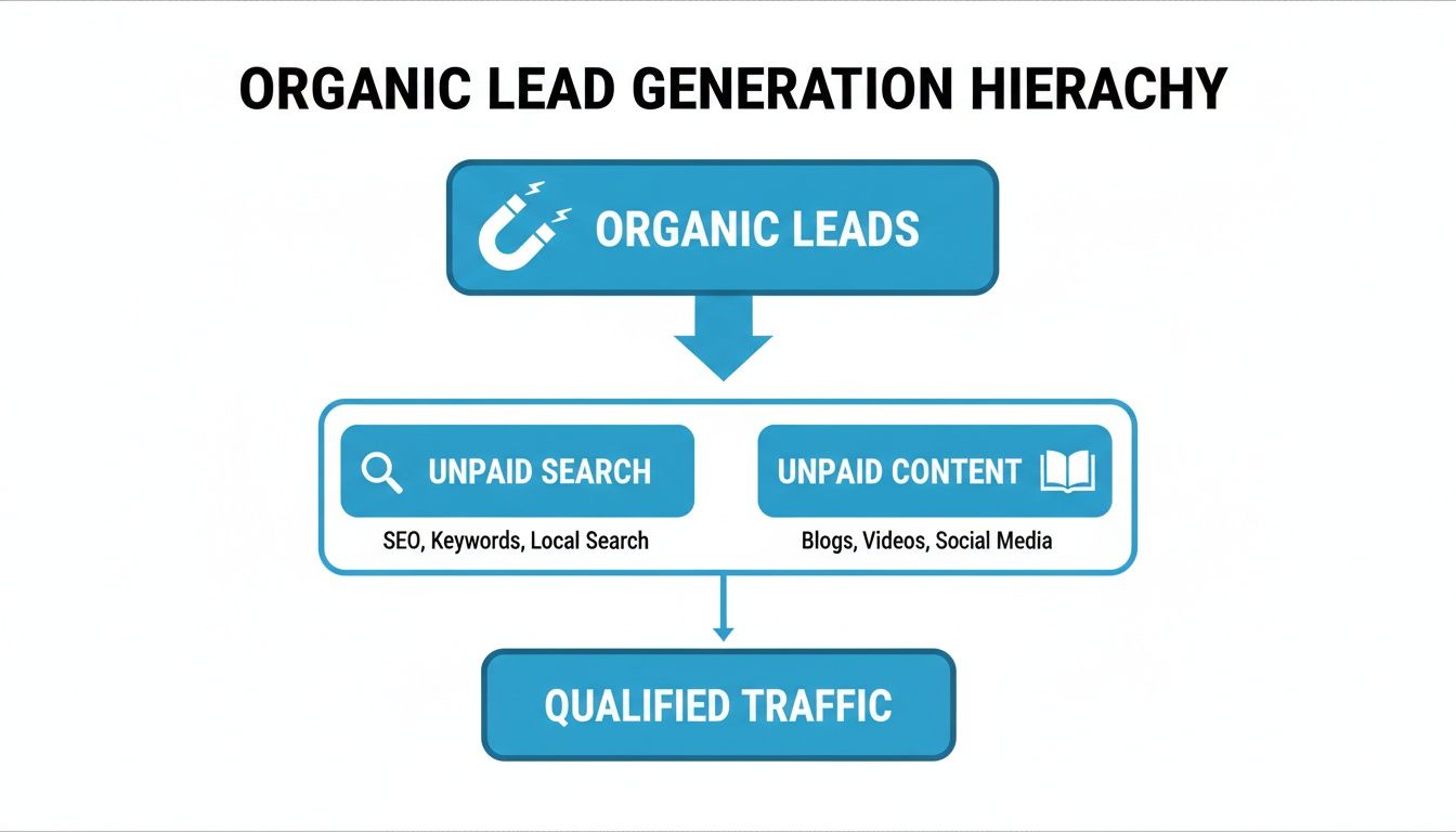 Diagram illustrating the organic lead generation hierarchy, showing paths from unpaid search and content to qualified traffic.