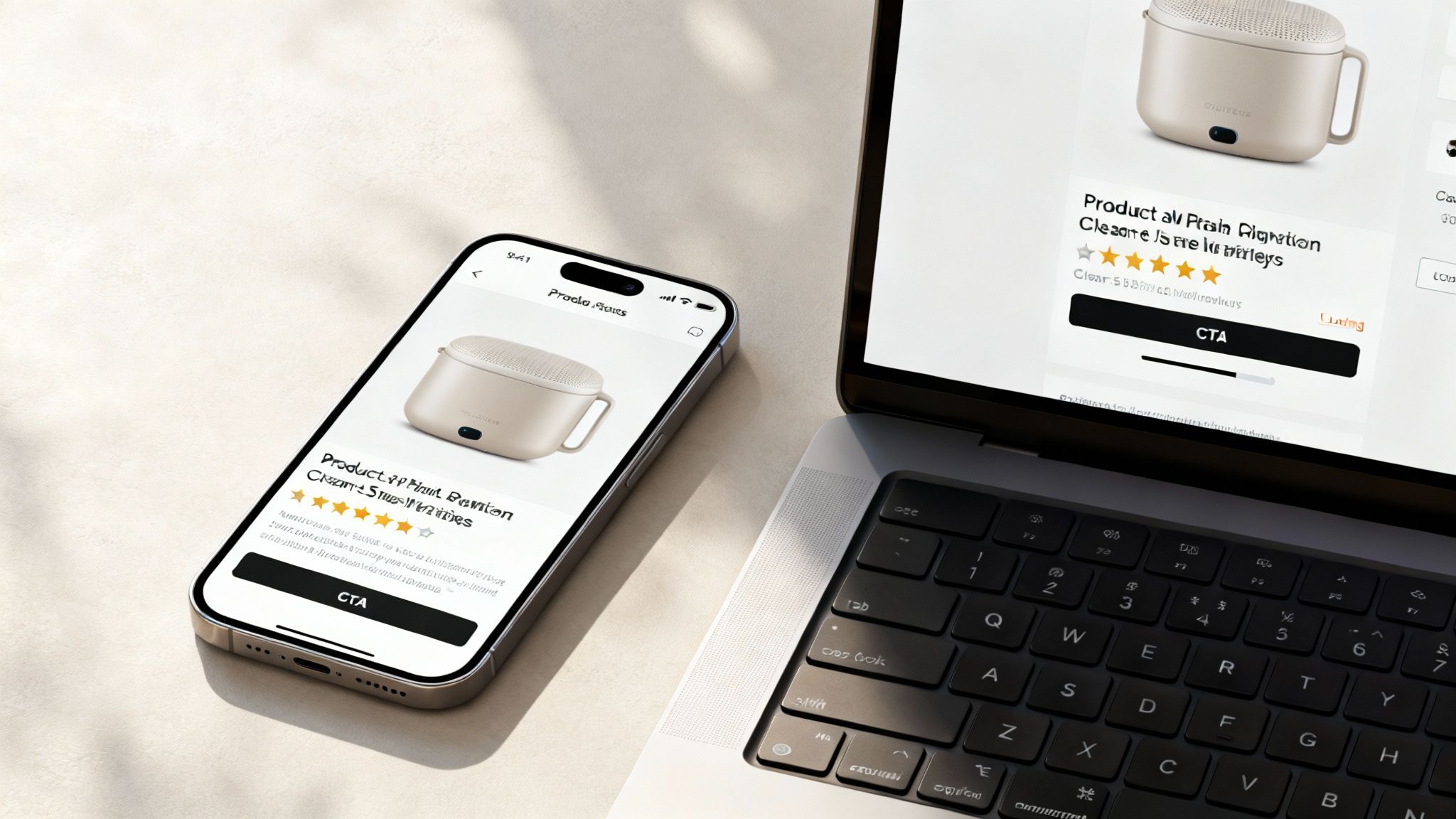 Smartphone and tablet displaying product page with customer reviews and call-to-action button for conversion optimization