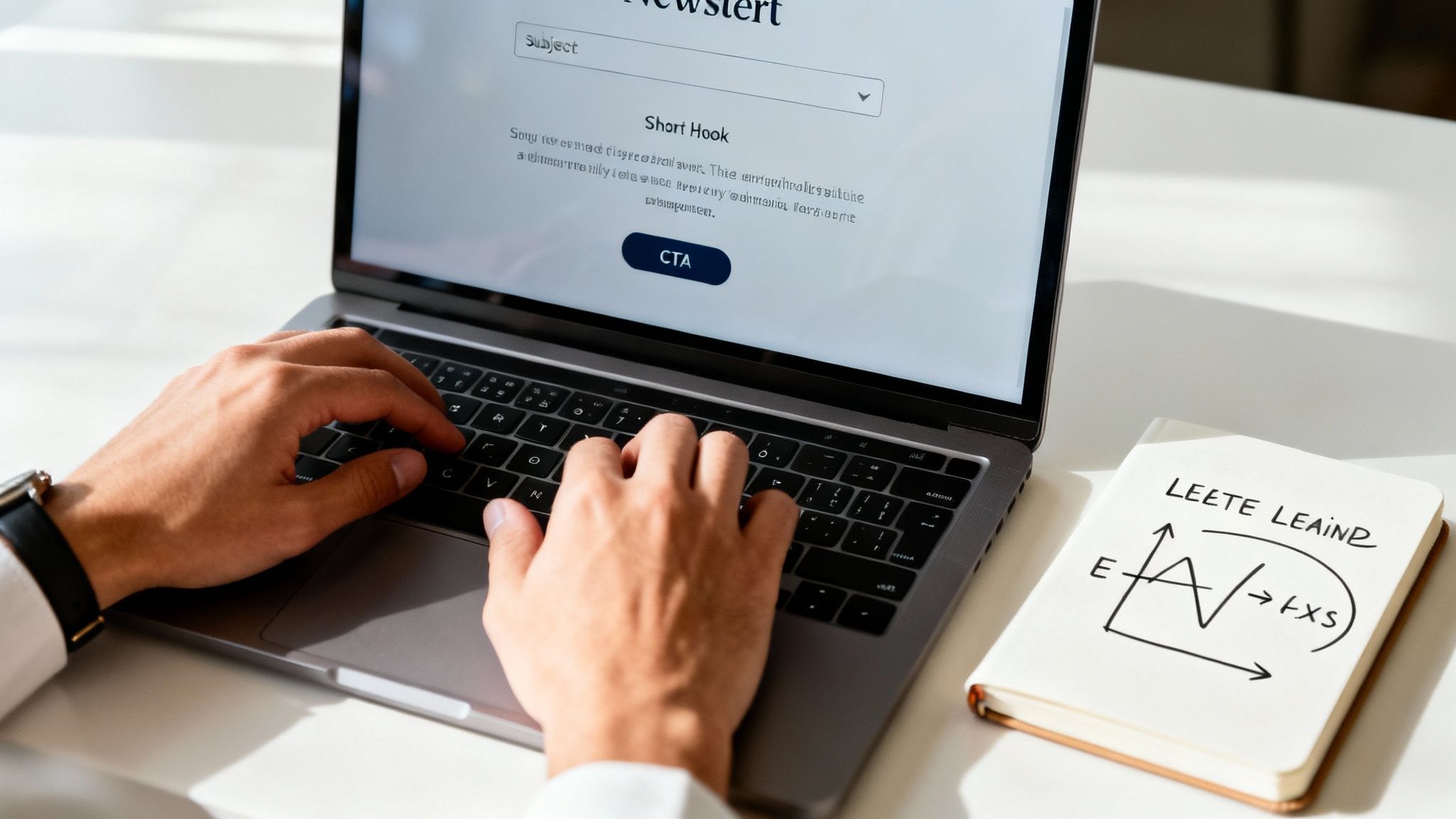 Person typing on a laptop, working on a newsletter draft with subject and hook fields.