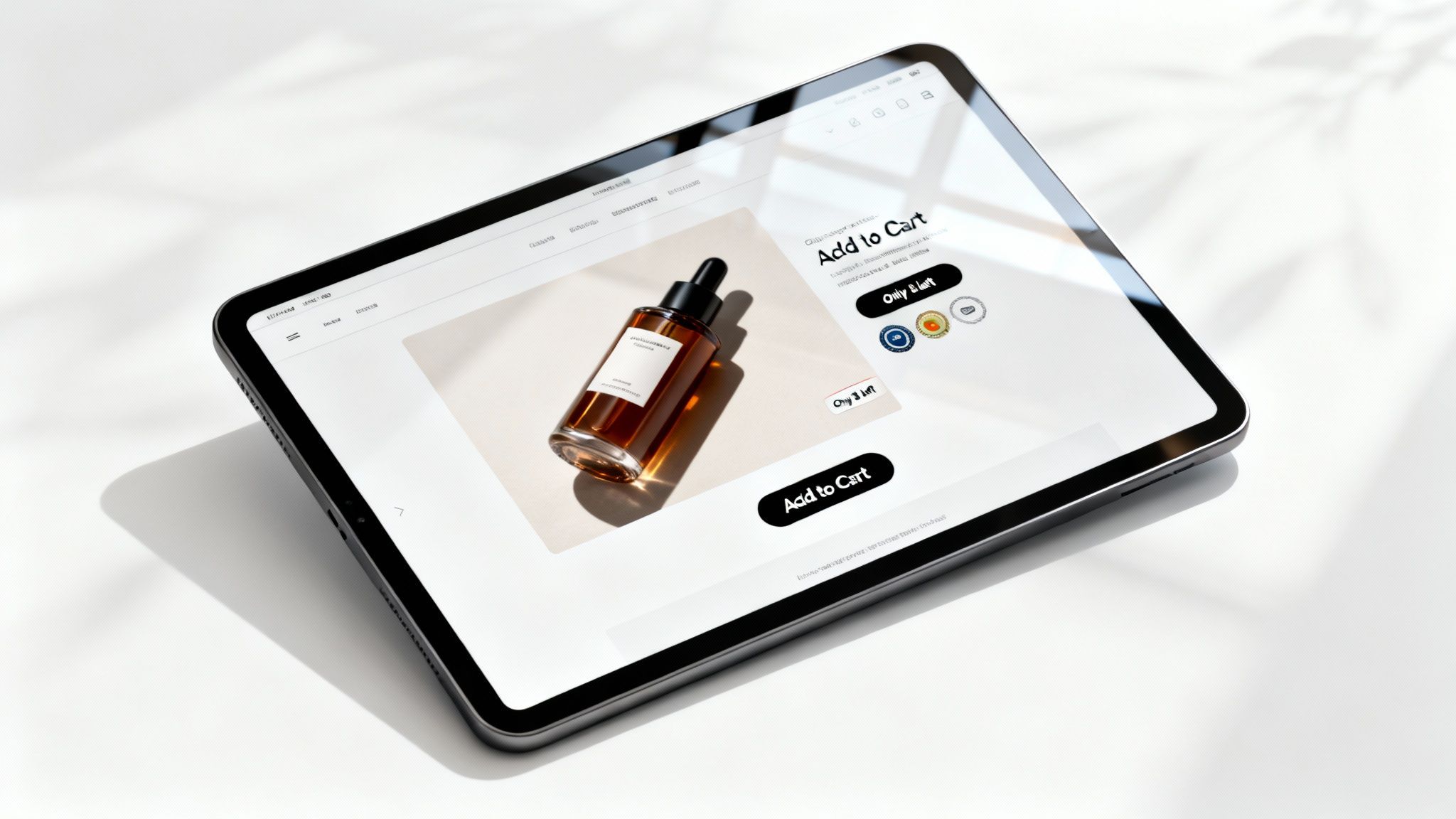 A modern tablet displays an e-commerce product page with a brown dropper bottle and 'Add to Cart' button.