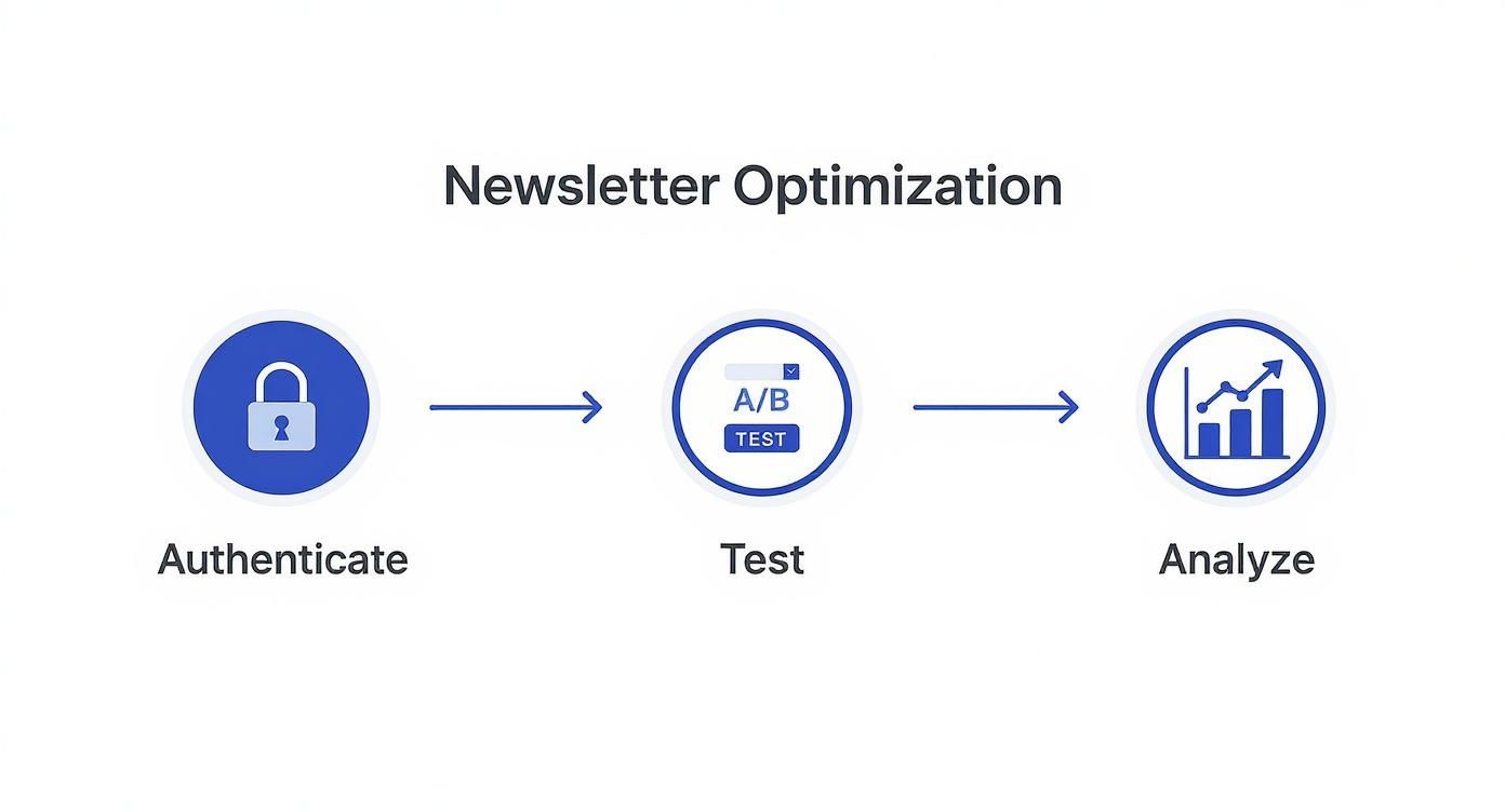 Flowchart illustrating newsletter optimization: authenticate, A/B test, and analyze results for improved performance.