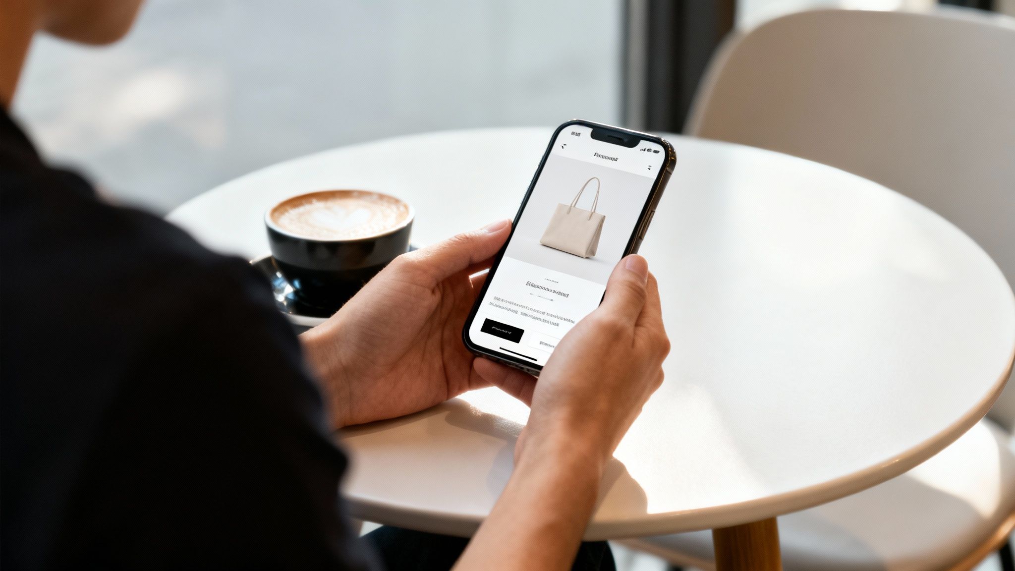 Person's hands holding a smartphone displaying an online store with a handbag and a coffee cup on a table.