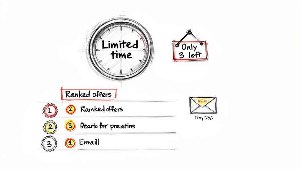 Hand-drawn sketch illustrating marketing strategies with limited time offers, scarcity, and ranked product lists.