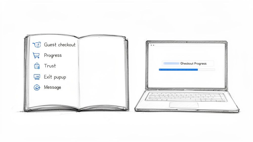 Sketched open book outlines strategies like guest checkout, progress, and trust, alongside a laptop showing a 'Checkout Progress' bar.