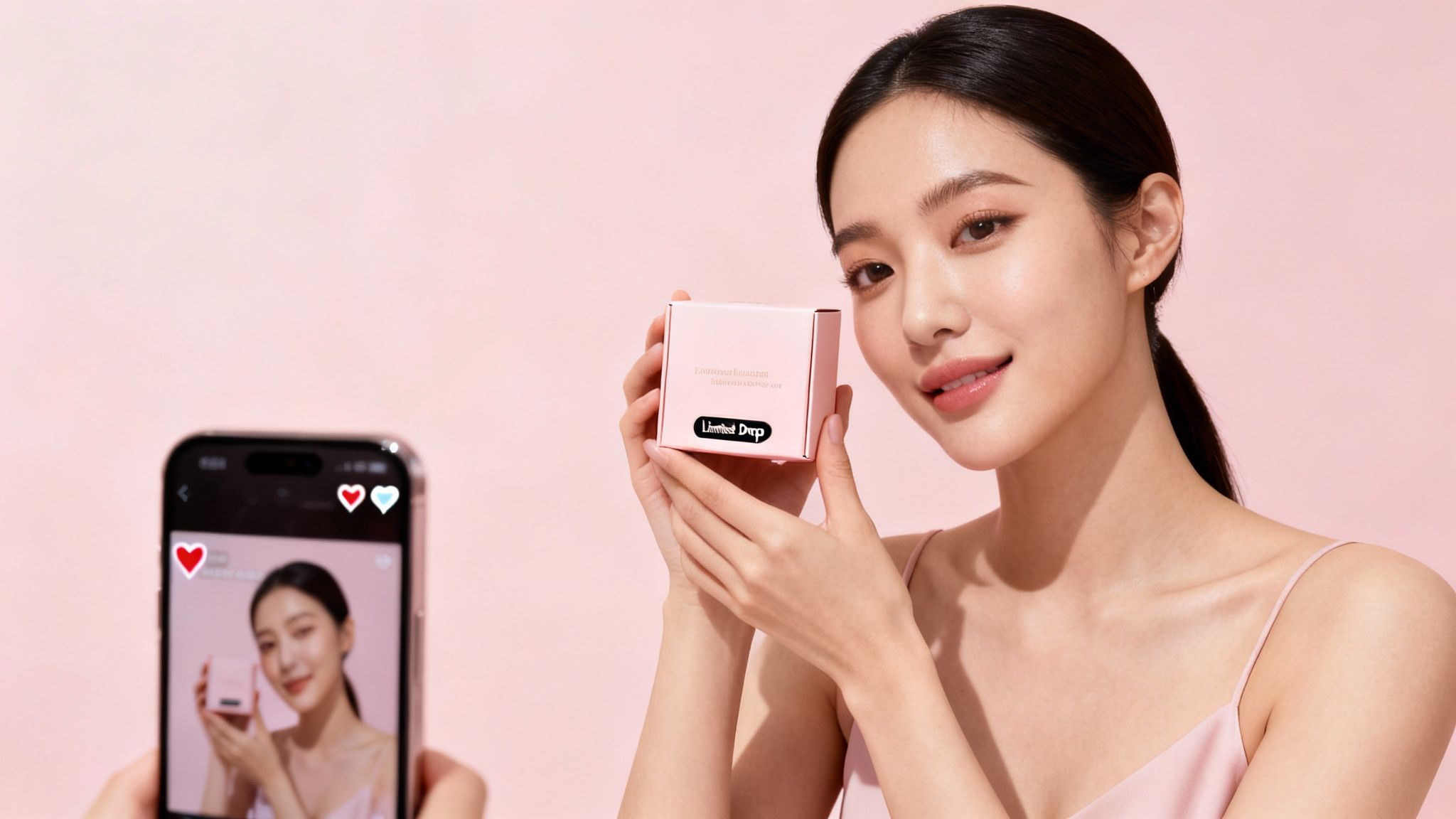 A smiling woman holds a pink product box, while a phone displays her image, on a pink background.