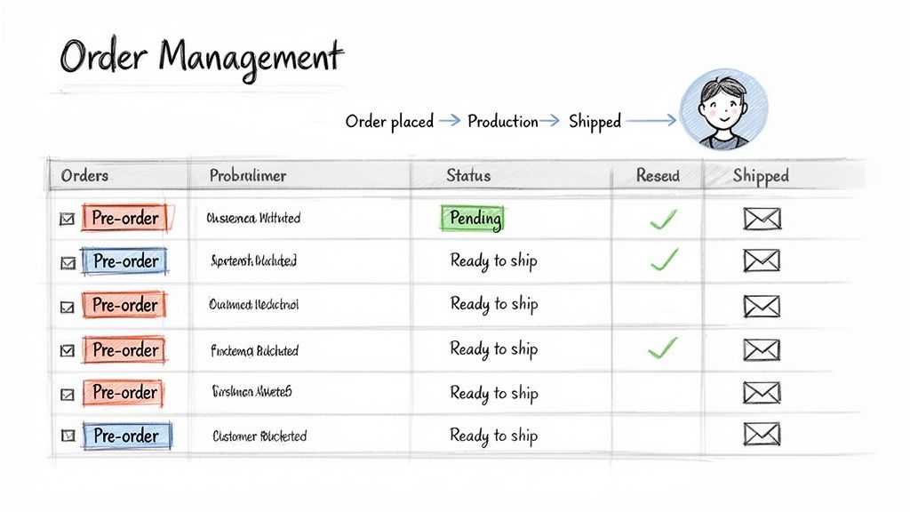 An order management table showing pre-orders, their statuses like pending and ready to ship, and shipping information.