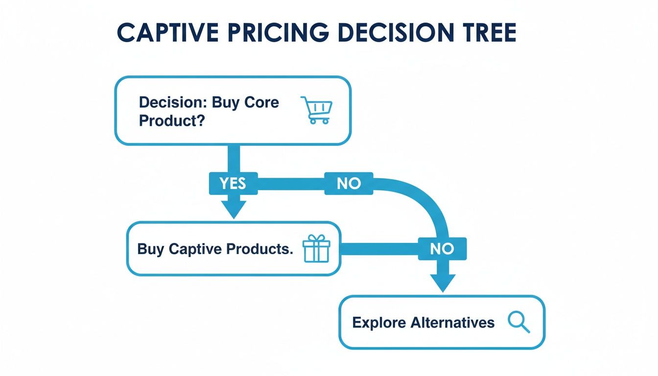 Captive pricing decision tree flowchart detailing decisions to buy core products, captive products, or alternatives.