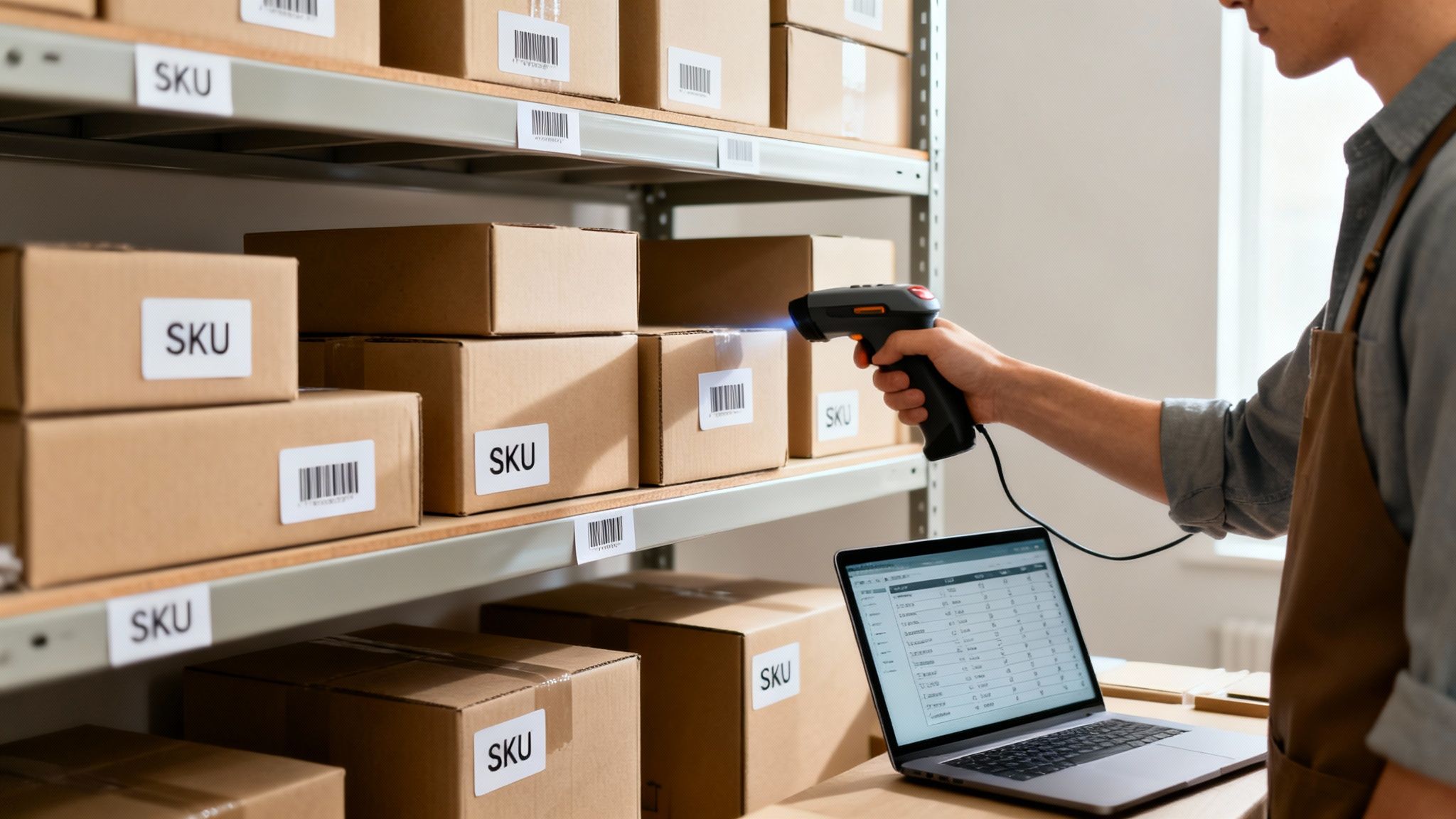 Person scanning inventory boxes with a barcode scanner in a warehouse, managing stock on a laptop.