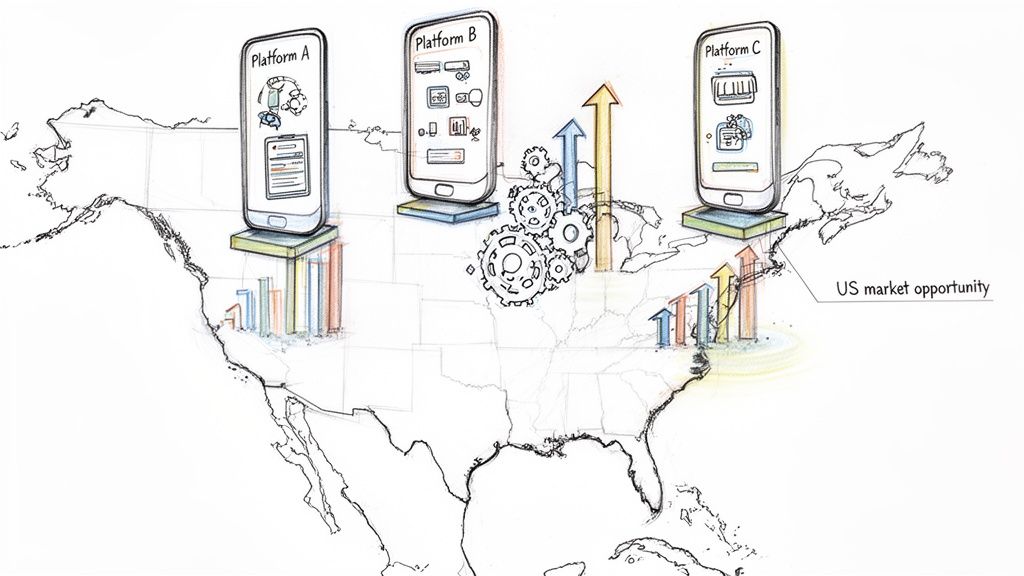 Three platforms on a US map illustrate regional market opportunities and growth strategies.