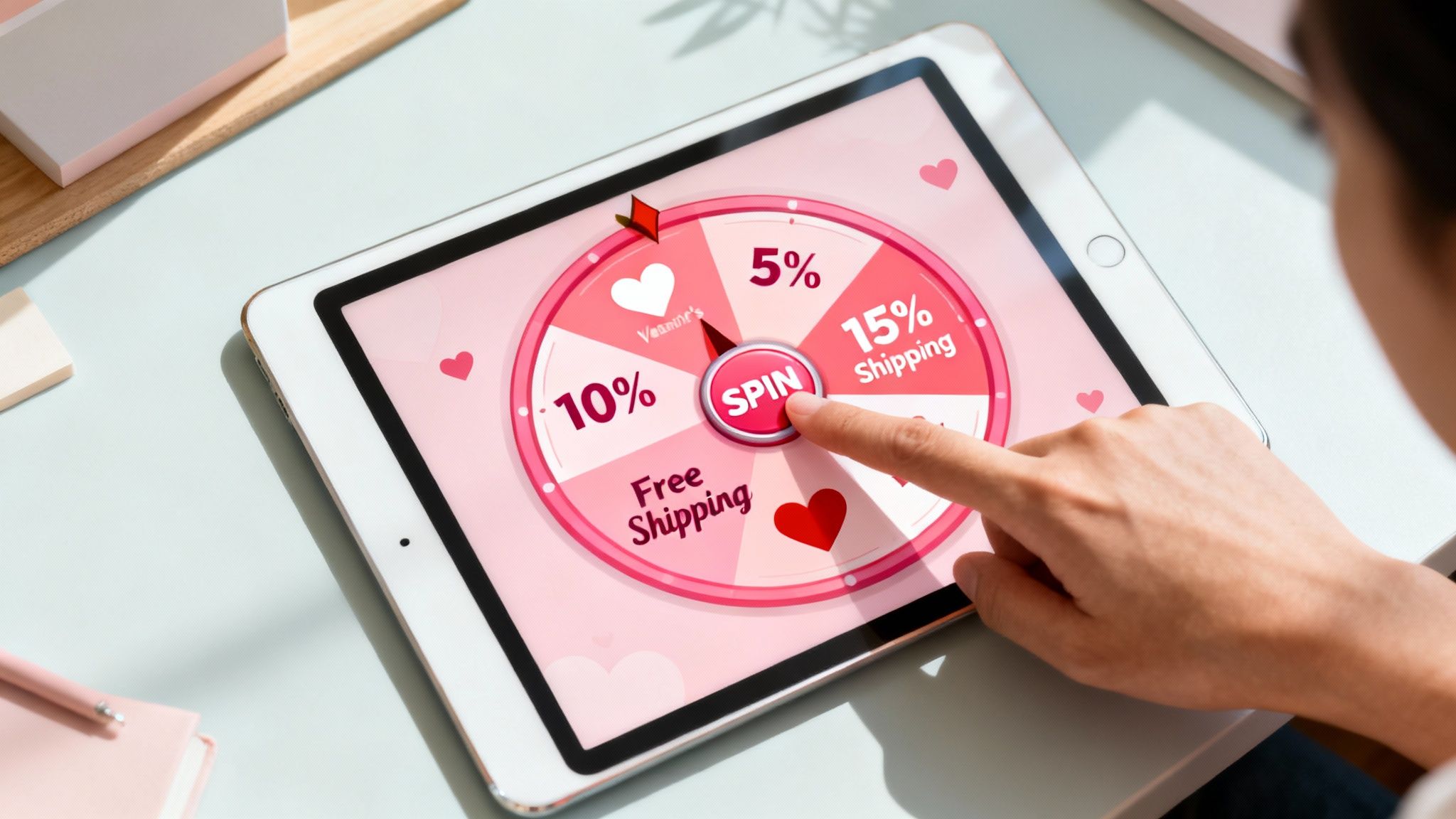 A person's hand taps a 'Spin the Wheel' game on a a tablet, showing Valentine's Day discounts.