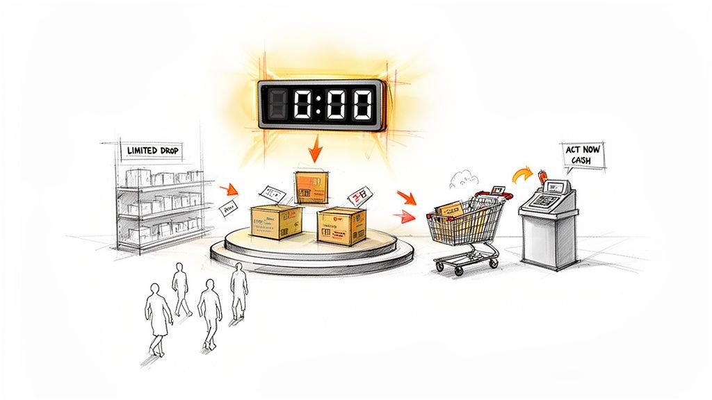 Sketch illustrating a limited product drop or flash sale with a countdown timer, shoppers, and checkout.