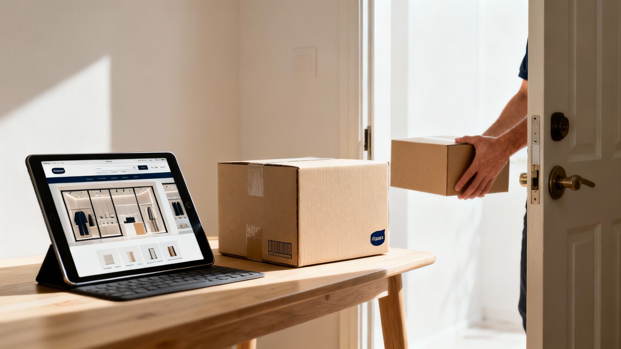 An e-commerce website on a tablet, with delivery boxes and a person handing a package.