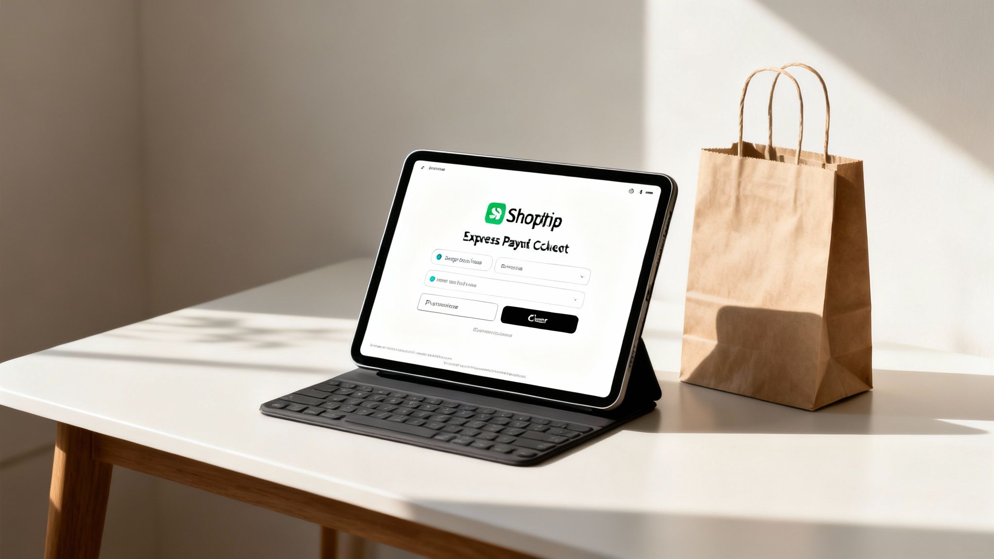 A tablet displaying an e-commerce payment checkout screen for Shoptrip, next to a brown paper bag.