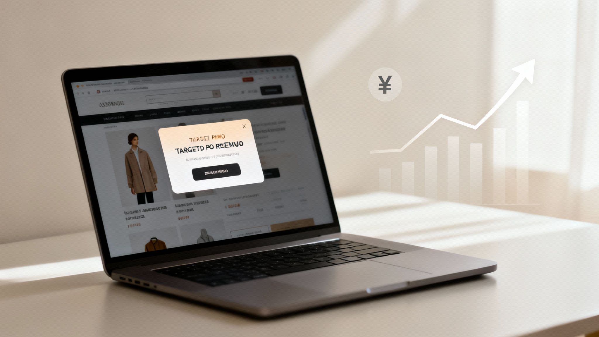 A laptop on a desk displays an e-commerce website with a popup and an overlayed financial growth chart.