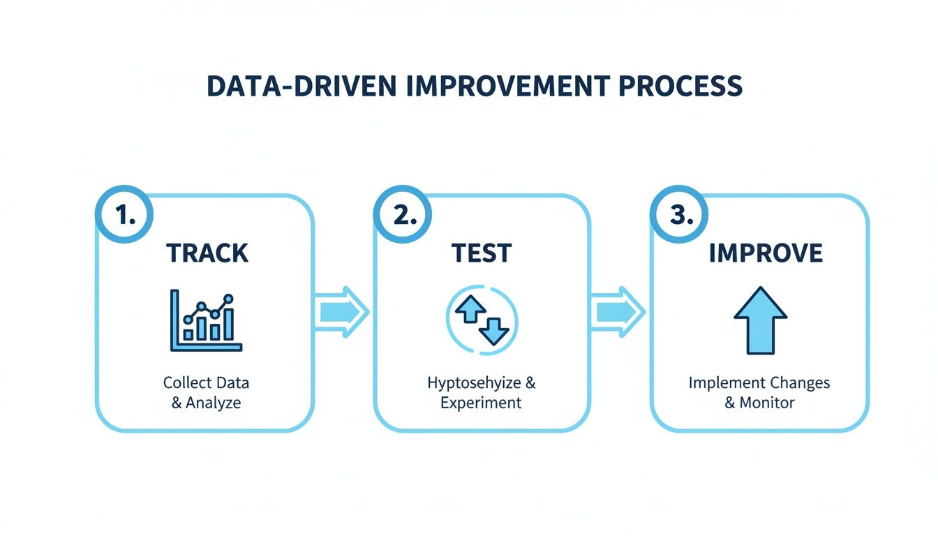 Diagram illustrating a data-driven improvement process with steps: Track, Test, and Improve.