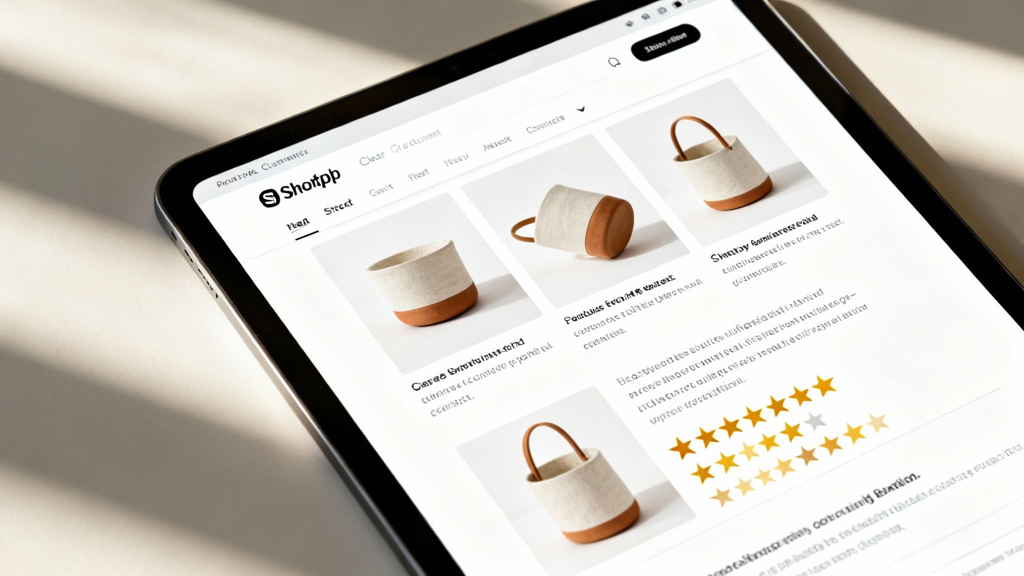 UX design elements on a tablet screen, showing an intuitive e-commerce interface