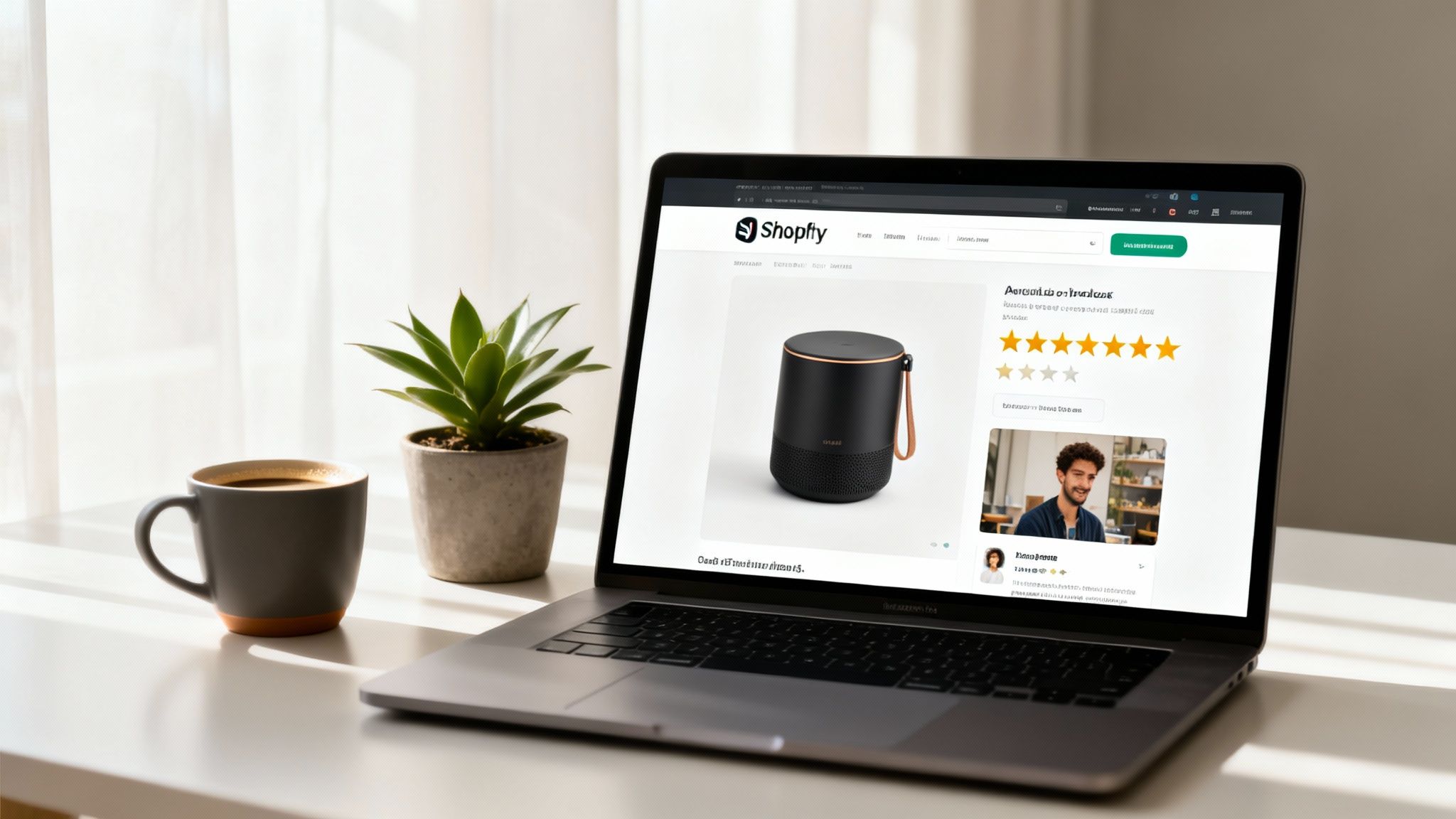 A laptop on a bright desk displays a Shopify e-commerce page for a black speaker, alongside coffee and a plant.