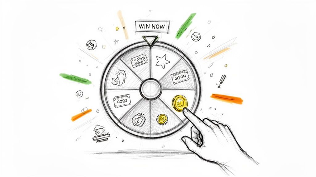A hand spins a prize wheel with 'Win Now' text, showing various rewards like coins and coupons.