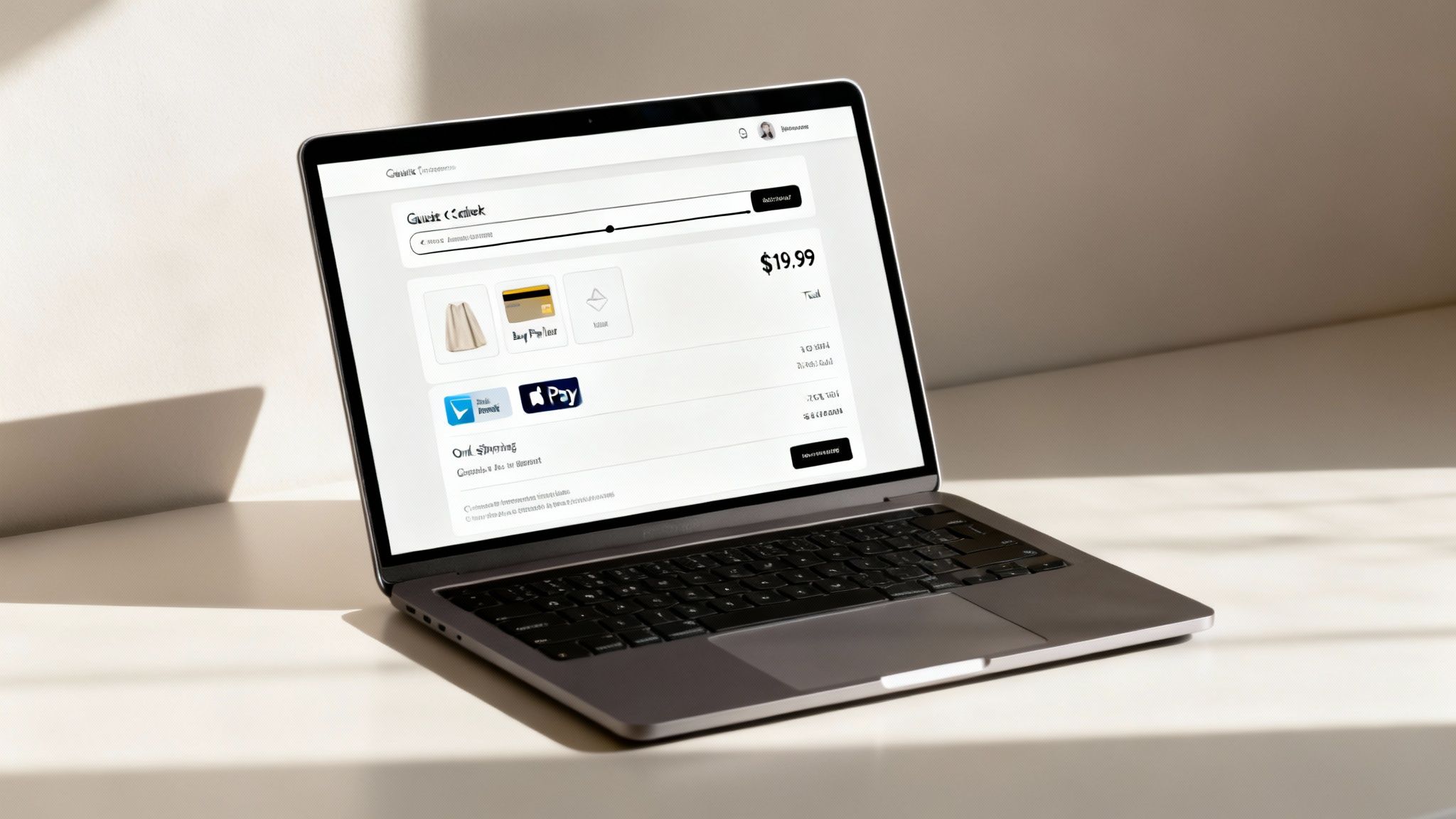 A modern laptop displays an e-commerce checkout page with a product and multiple payment options.