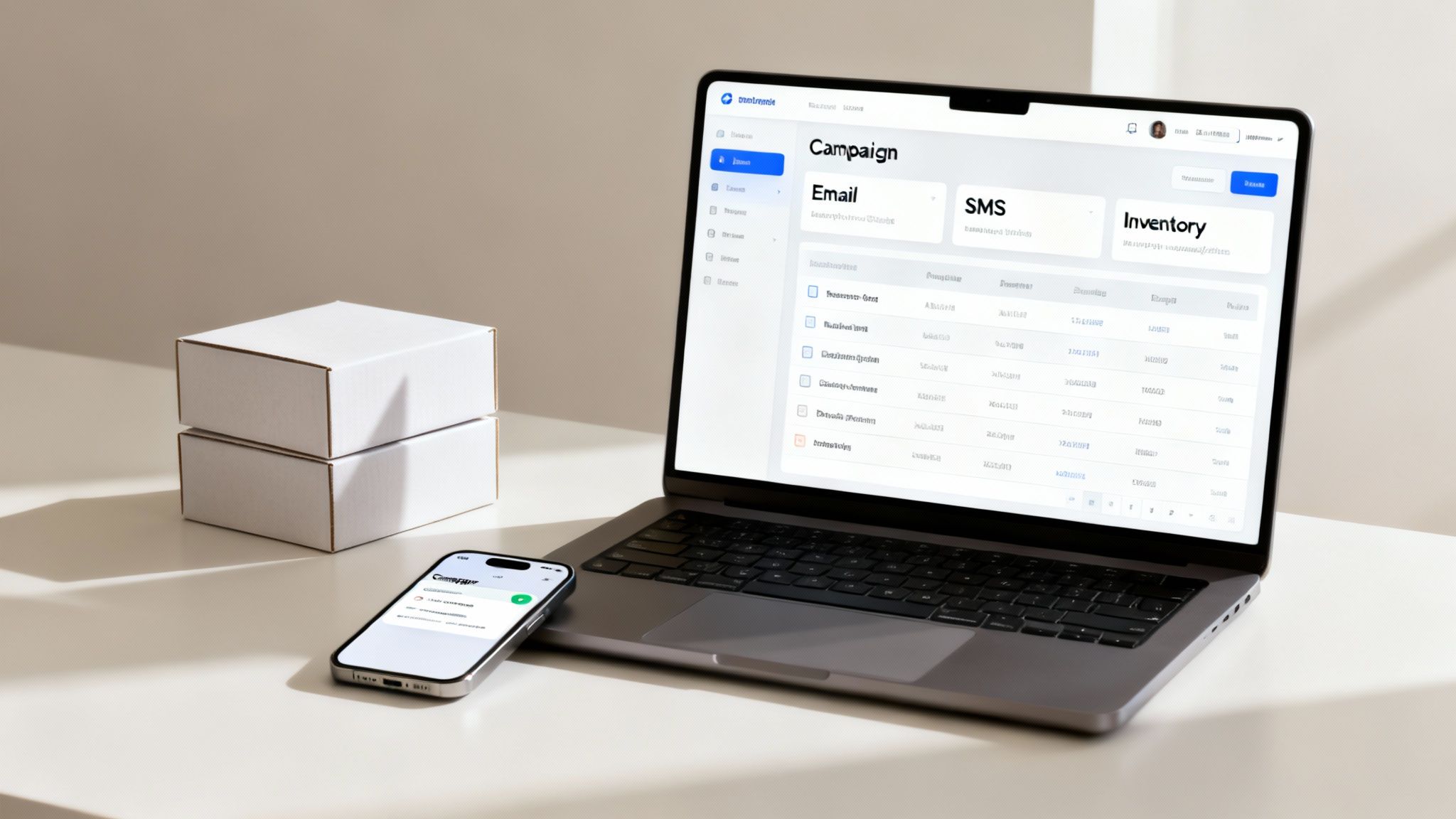 A laptop and smartphone display a marketing campaign dashboard with email and SMS features, next to two product boxes.