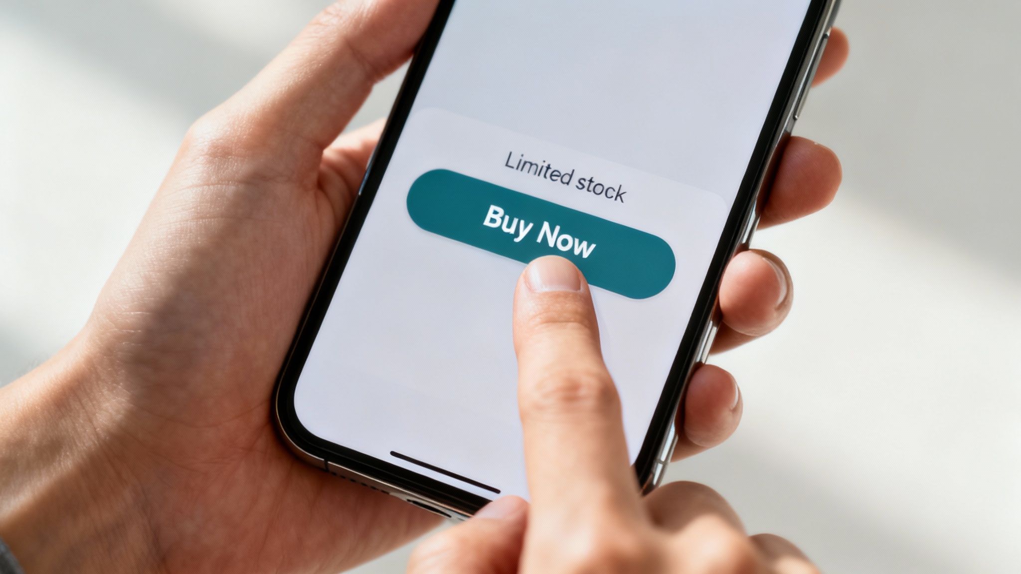 A smartphone screen showing a clean, thumb-friendly e-commerce checkout page with a clear urgency message like 'Only 2 left!'