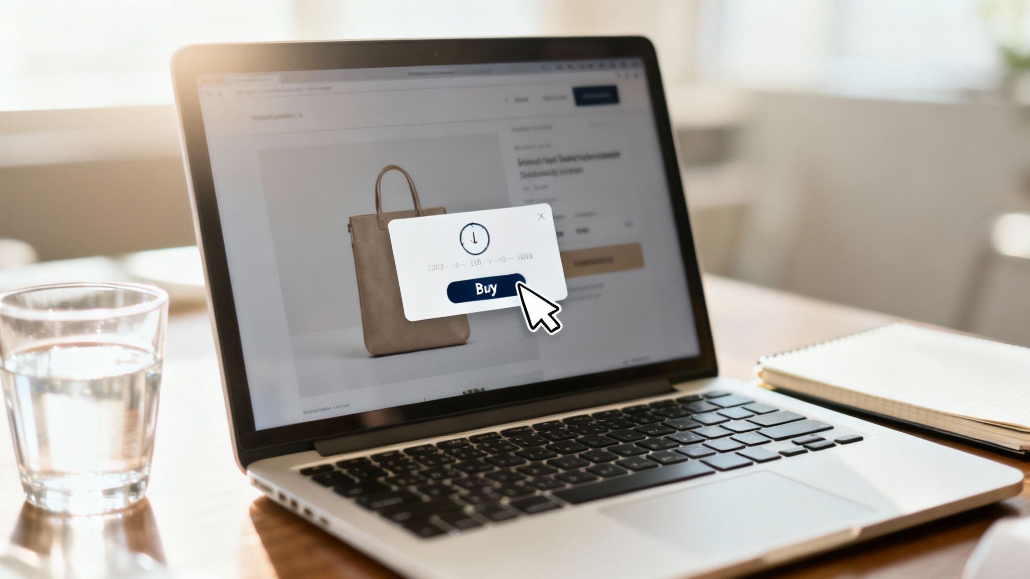 A laptop displays an online store with a handbag, a 'Buy' button, and a cursor clicking it.