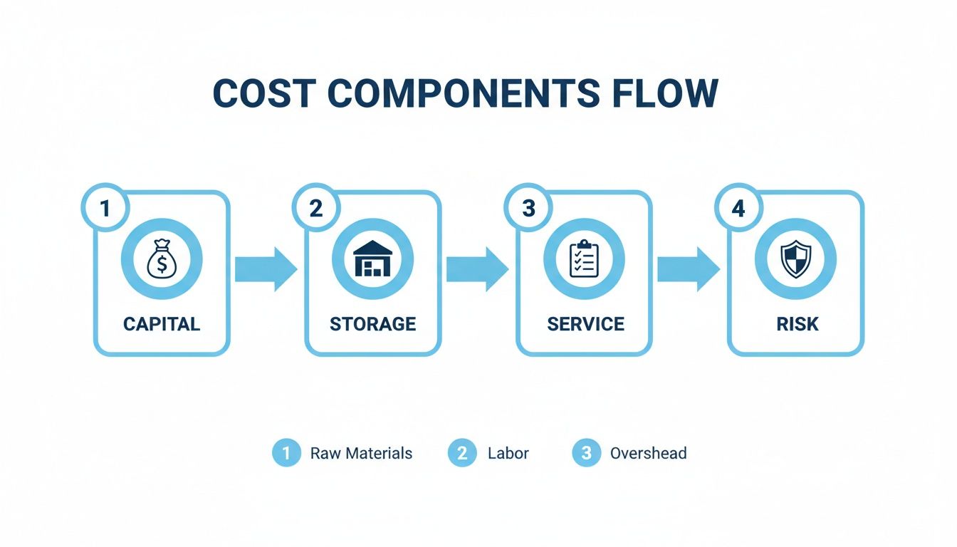 Flowchart showing cost components of inventory: Capital, Storage, Service, Risk, and factors like Raw Materials, Labor, Overhead.
