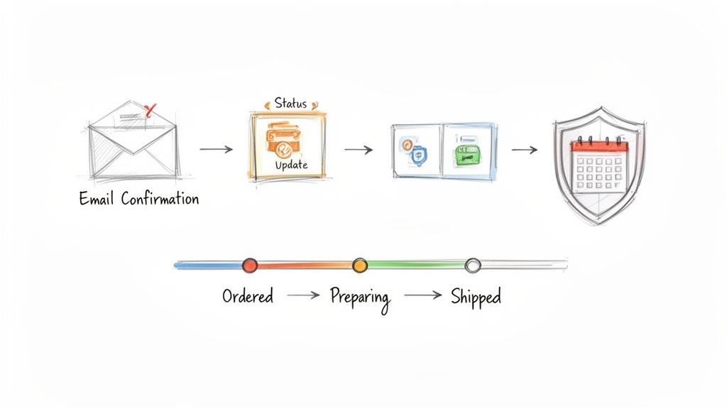 Sketch illustration showing an order processing flow: email confirmation, status updates, and a progress bar.
