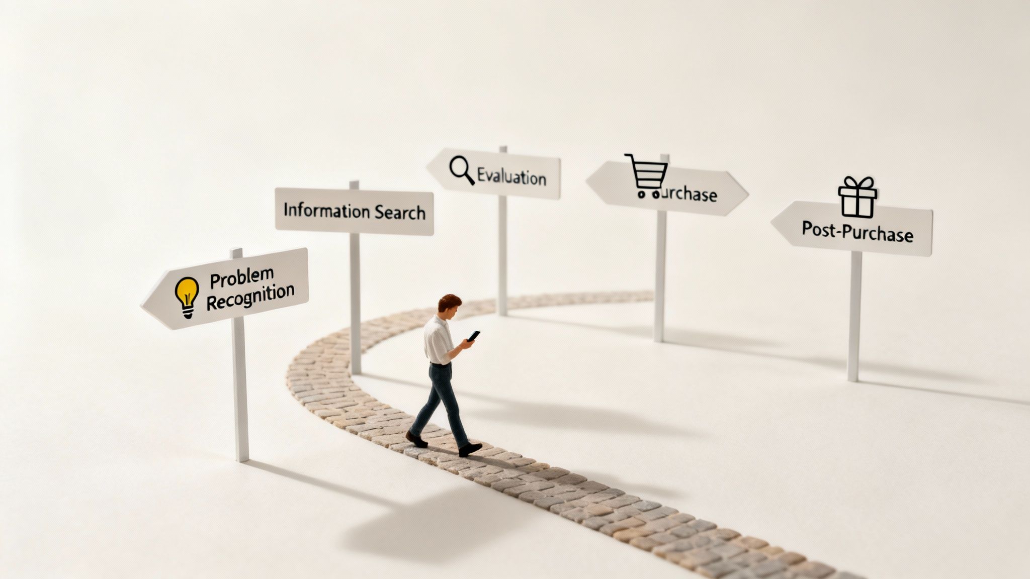 Miniature person walks on a path with signs illustrating the consumer decision-making process.