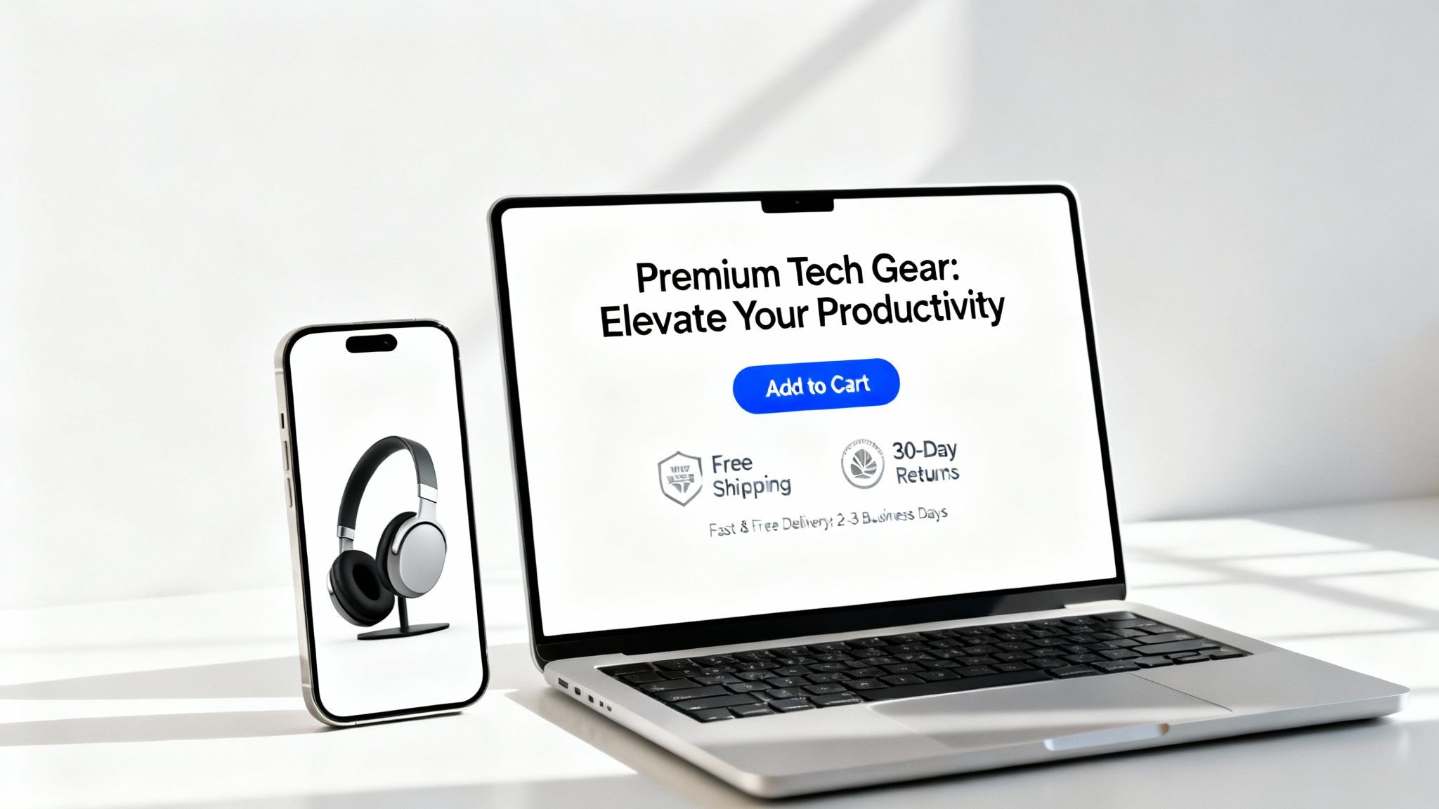 Modern laptop and smartphone displaying a tech gear promotion for productivity with headphones.