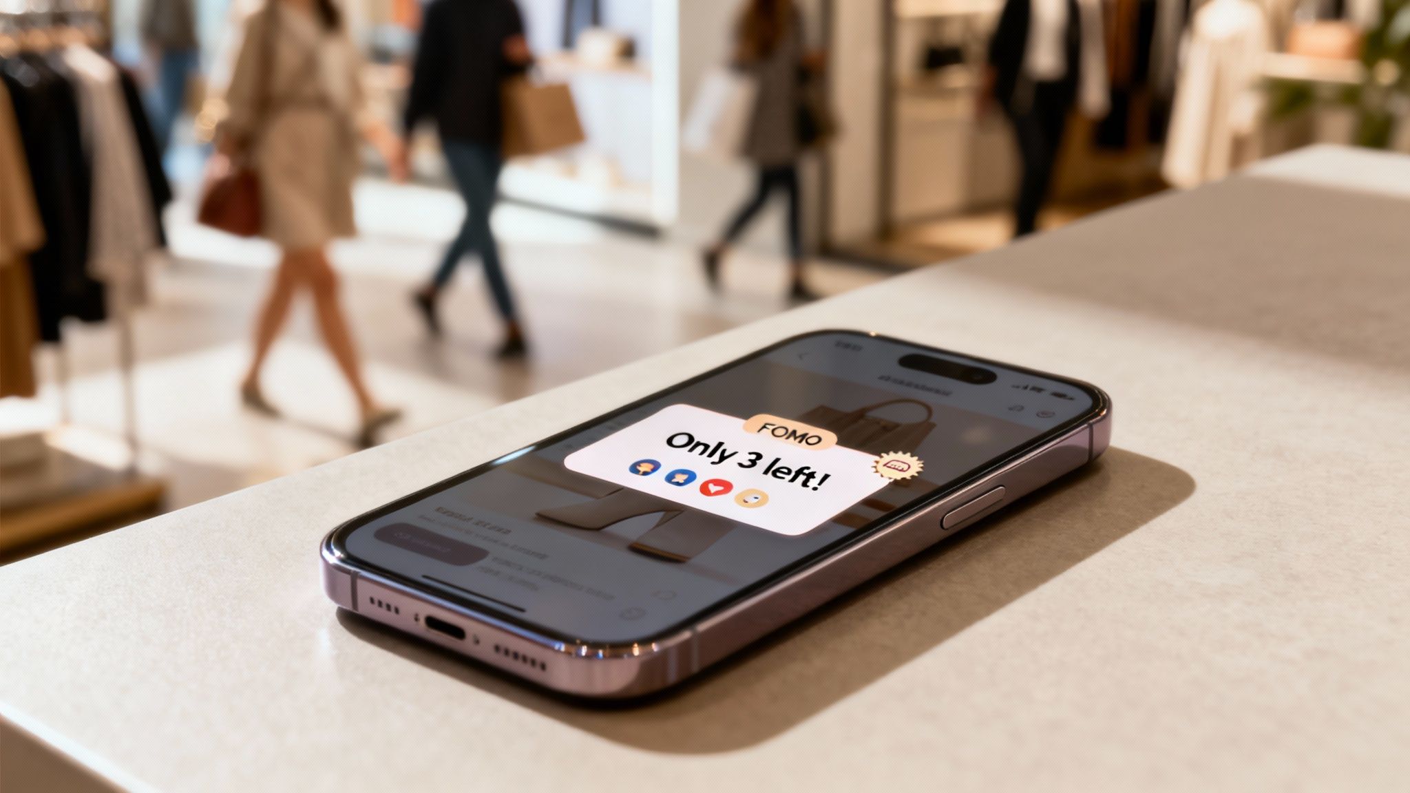 Smartphone displaying a FOMO 'Only 3 left!' notification on a counter in a retail store.