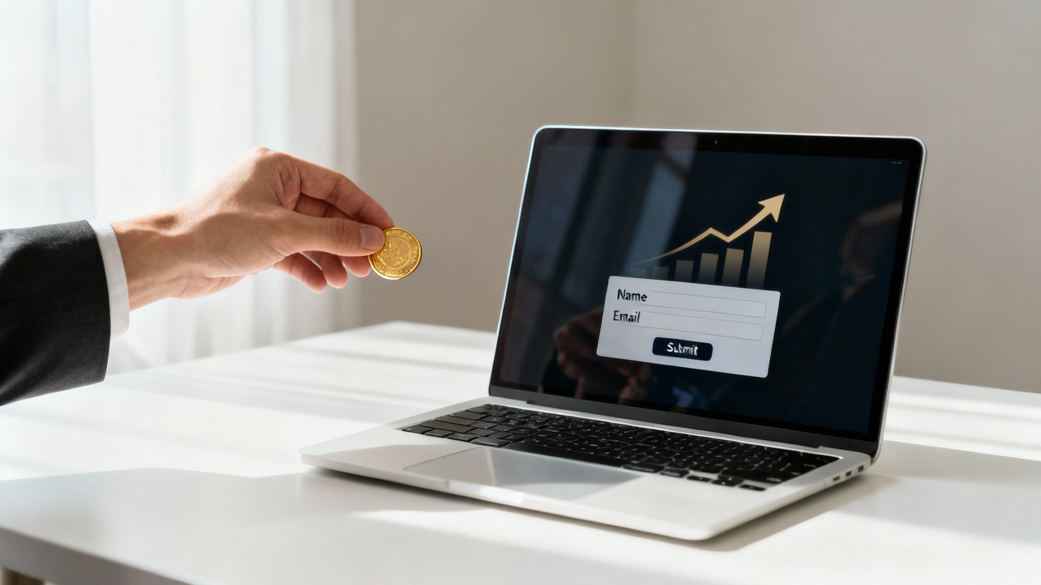 Hand holding a gold coin near a laptop with a financial growth chart and lead capture form.