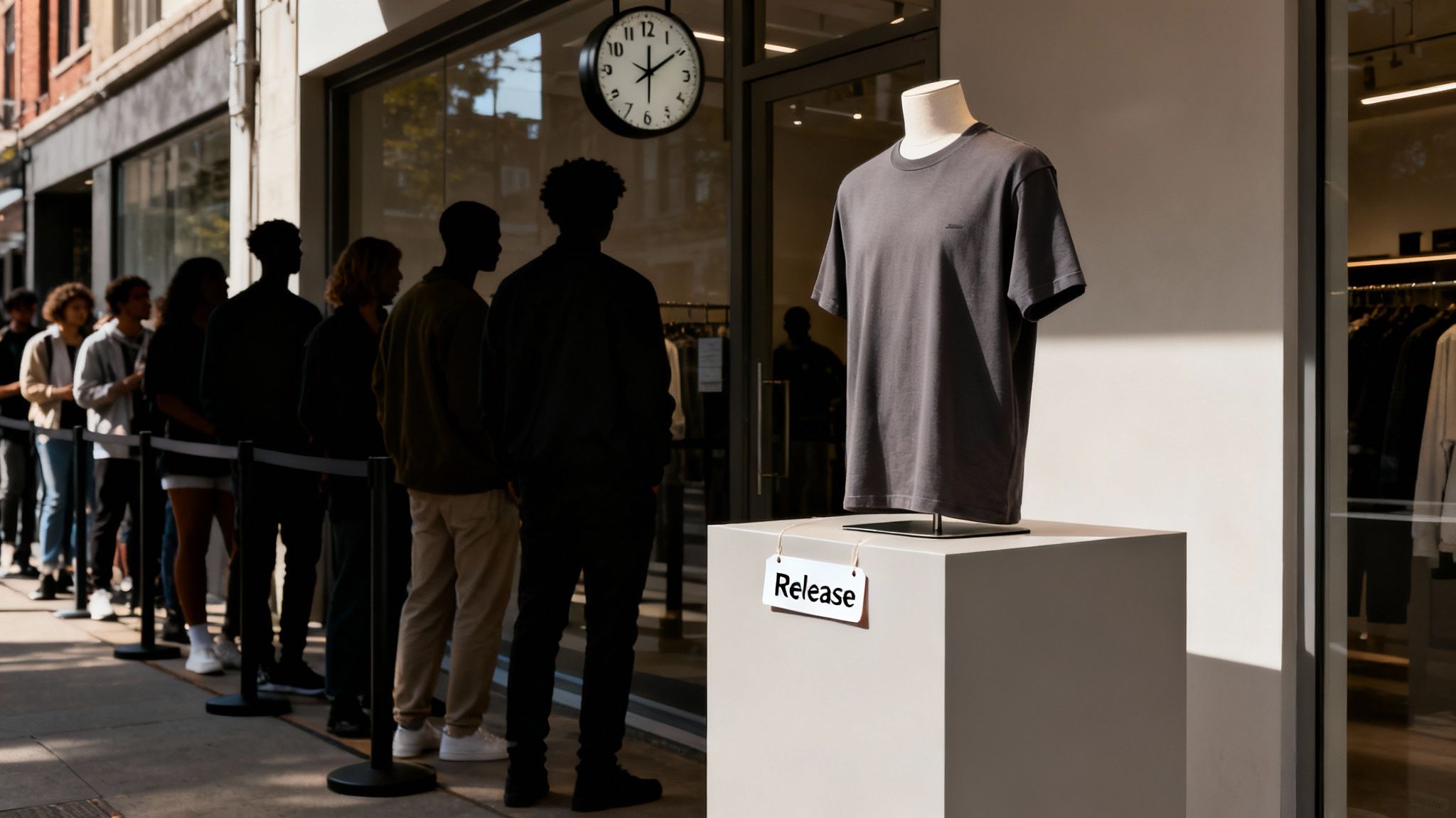 A long queue of people wait outside a store for a new product release, with a dark t-shirt on a mannequin.