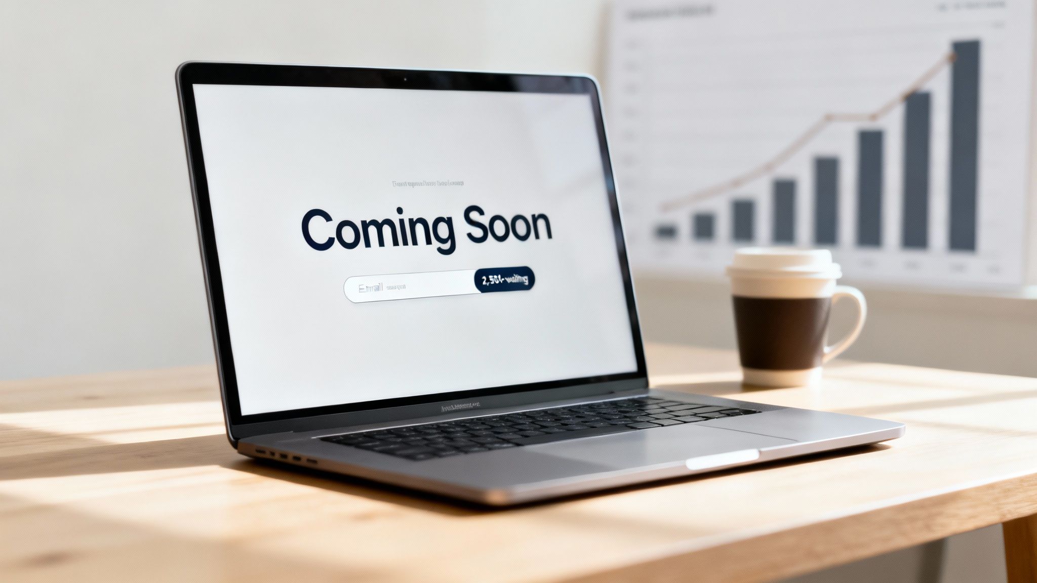 A modern laptop displays a 'Coming Soon' pre-launch page with an email signup form.